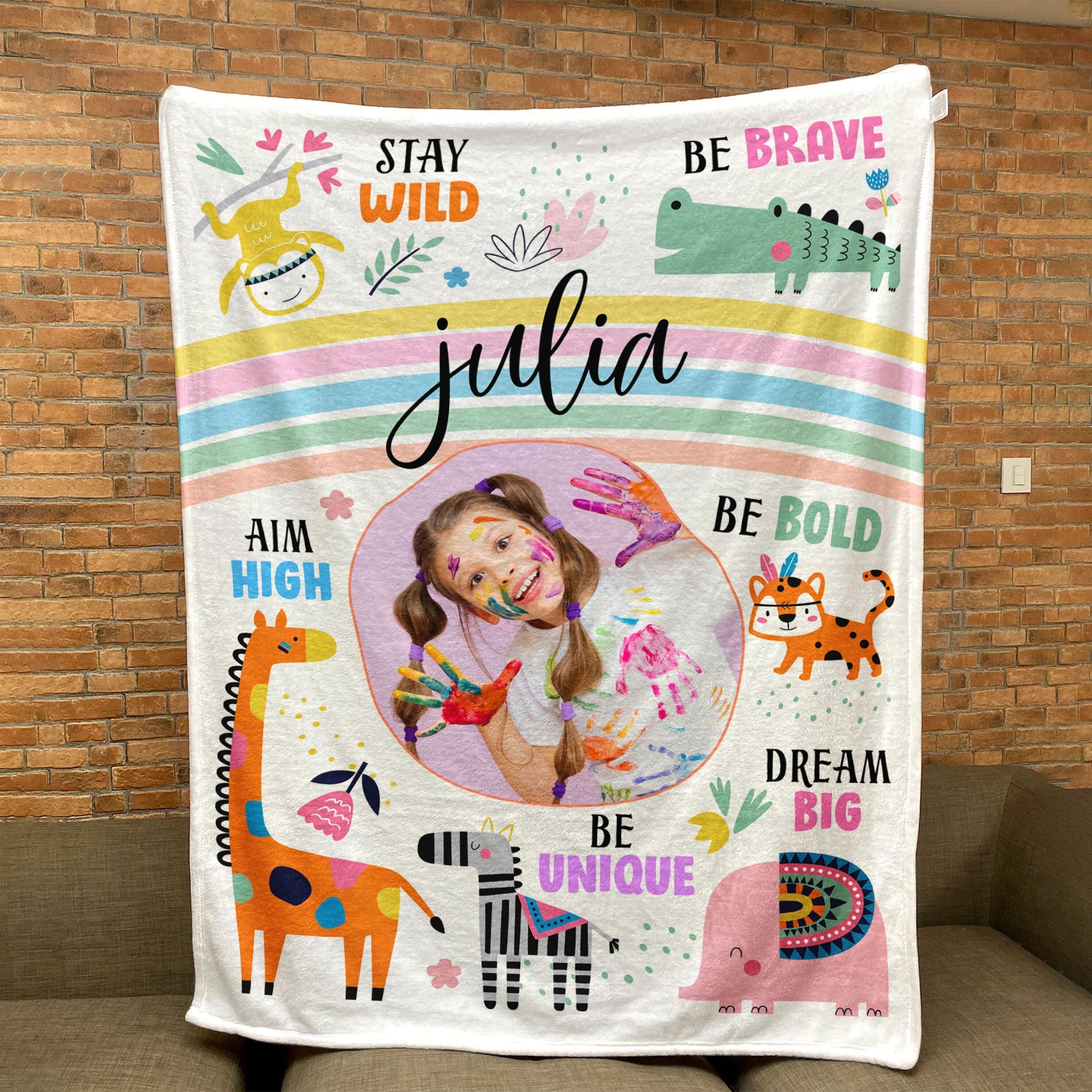 Stay Wild Affirmations For Kids With Safari Animals - Personalized Kid Photo Blanket