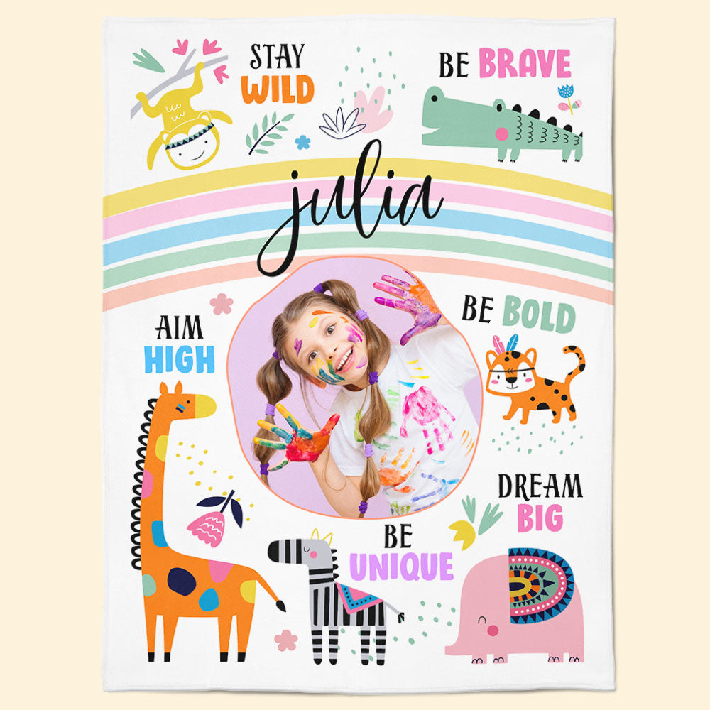 Stay Wild Affirmations For Kids With Safari Animals - Personalized Kid Photo Blanket