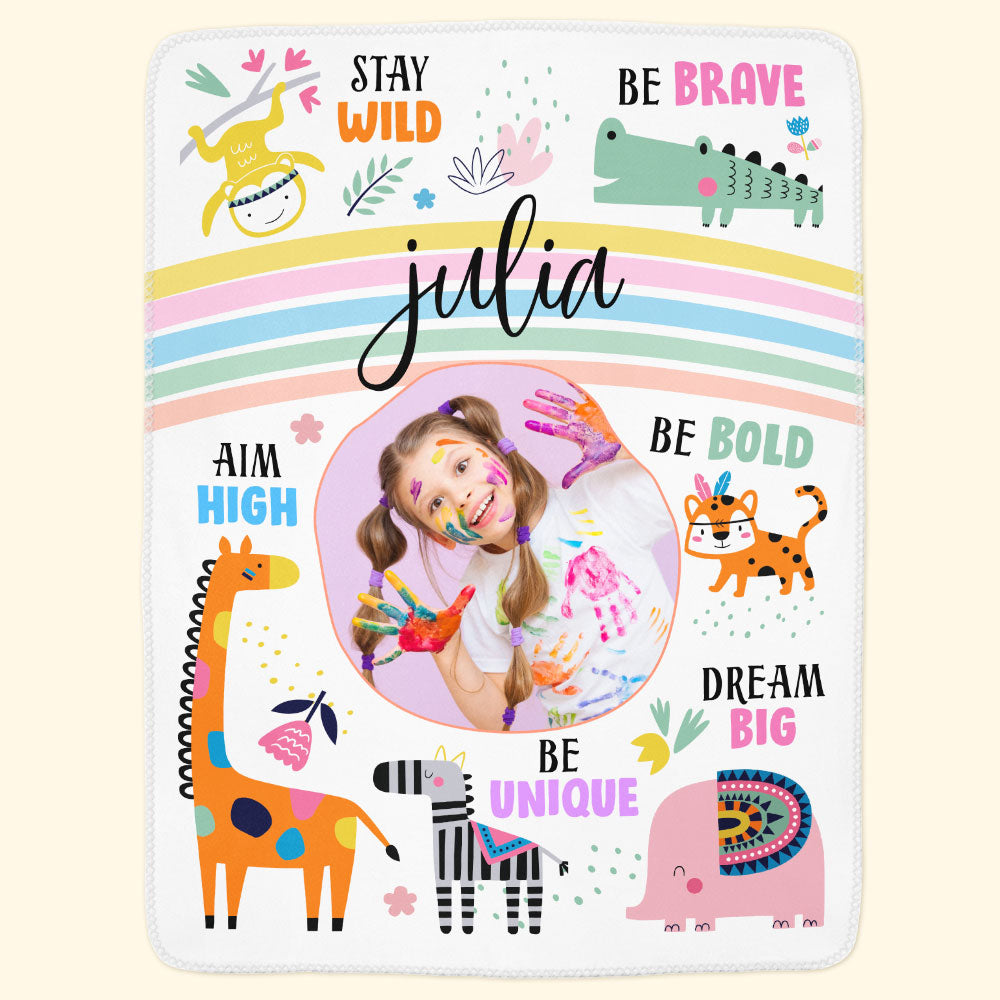 Stay Wild Affirmations For Kids With Safari Animals - Personalized Kid Photo Blanket