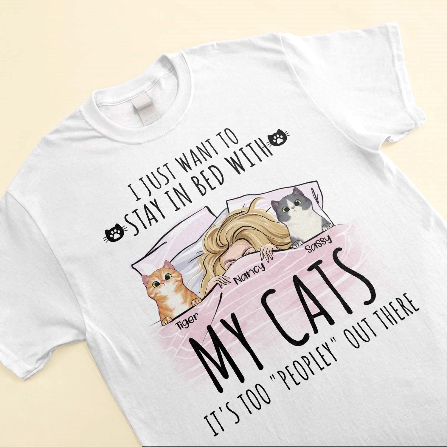 Stay In Bed With My Cats - Personalized Shirt - Gift For Cat Lovers, Cat Mom - Peeking Cats-Macorner