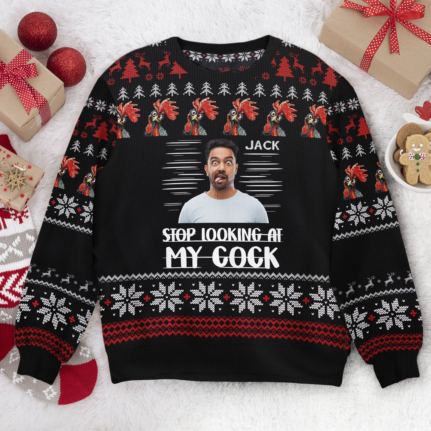 Stop Looking At My Cock - Personalized Photo Ugly Sweater