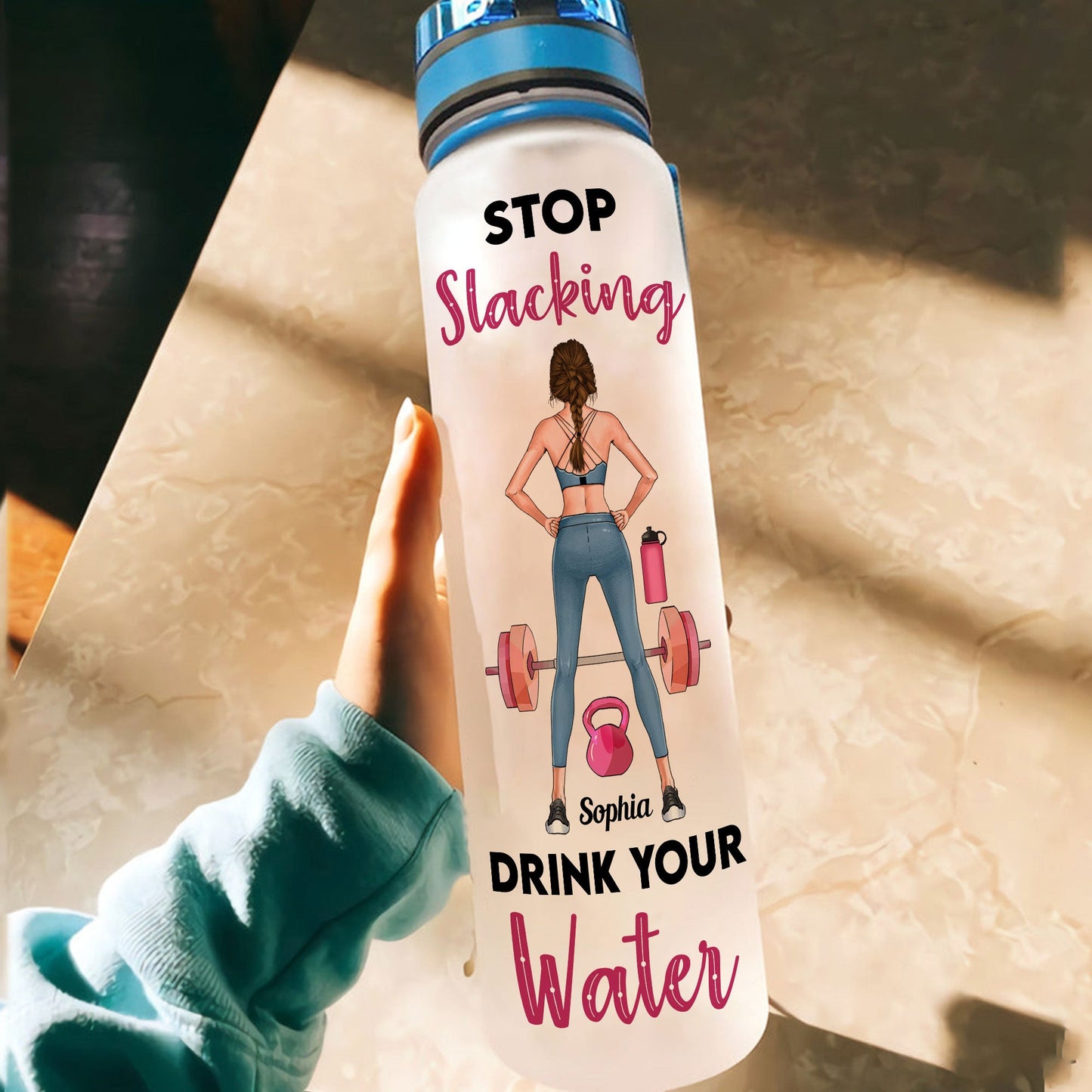 Stop Slacking Drink Your Water - Personalized Tracker Bottle - Birthday Motivation Gift For Fitness Girls, Gymers, Besties, Sisters, Daughters