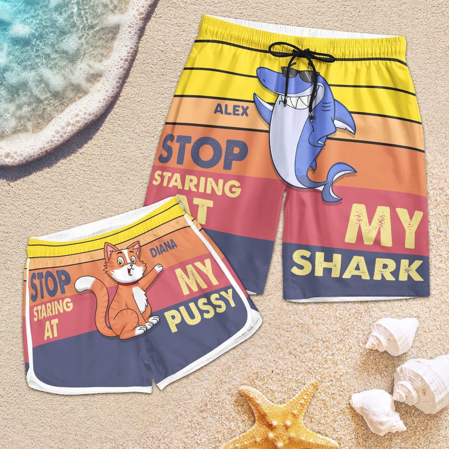 Stop Staring At My Shark- Personalized Couple Beach Shorts