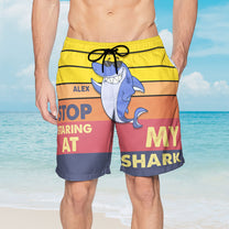 Stop Staring At My Shark- Personalized Couple Beach Shorts