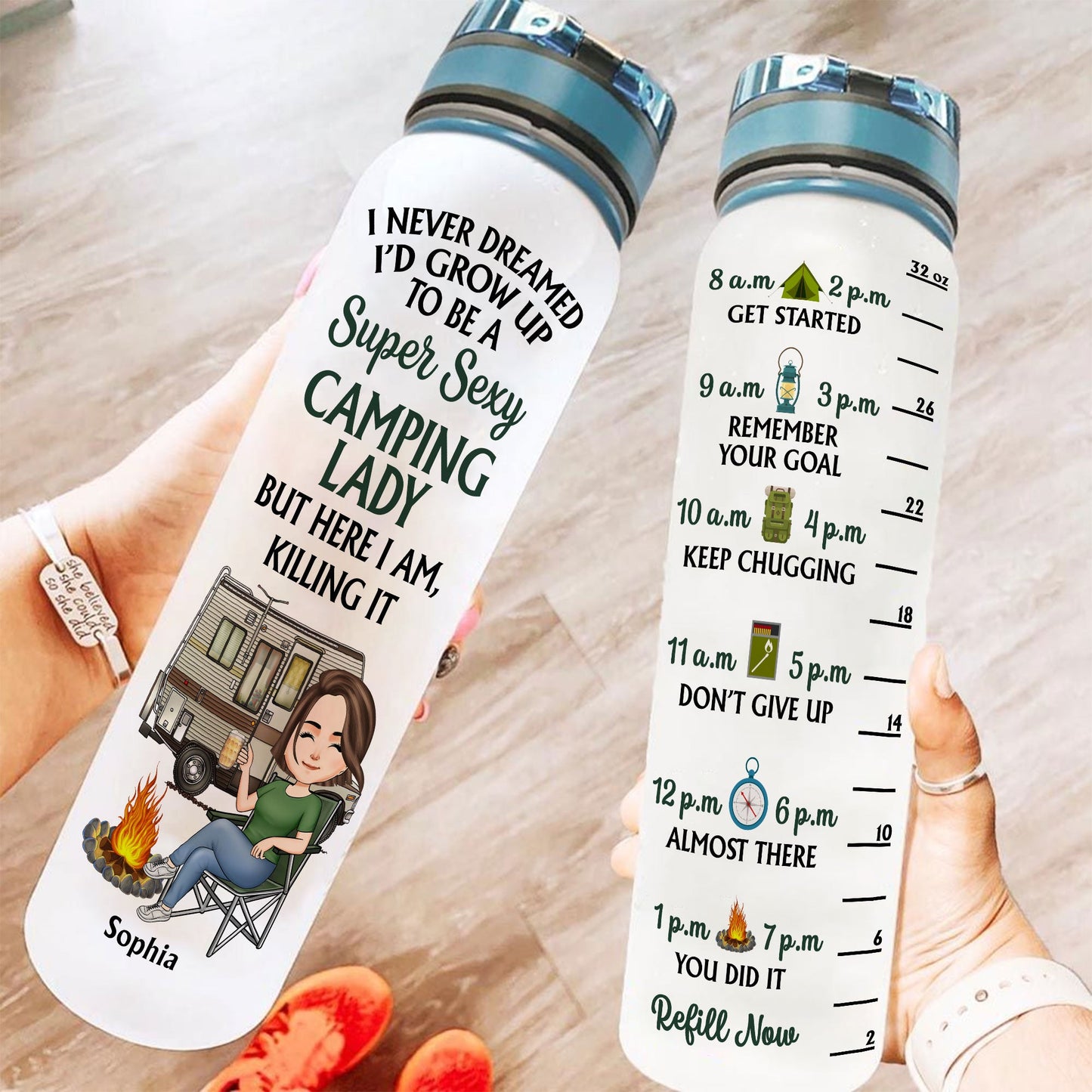 Super Sexy Camping Lady  - Personalized Water Bottle With Time Marker - Birthday, Funny, Summer Gift For Her, Woman, Camping Lady, Camping Lover