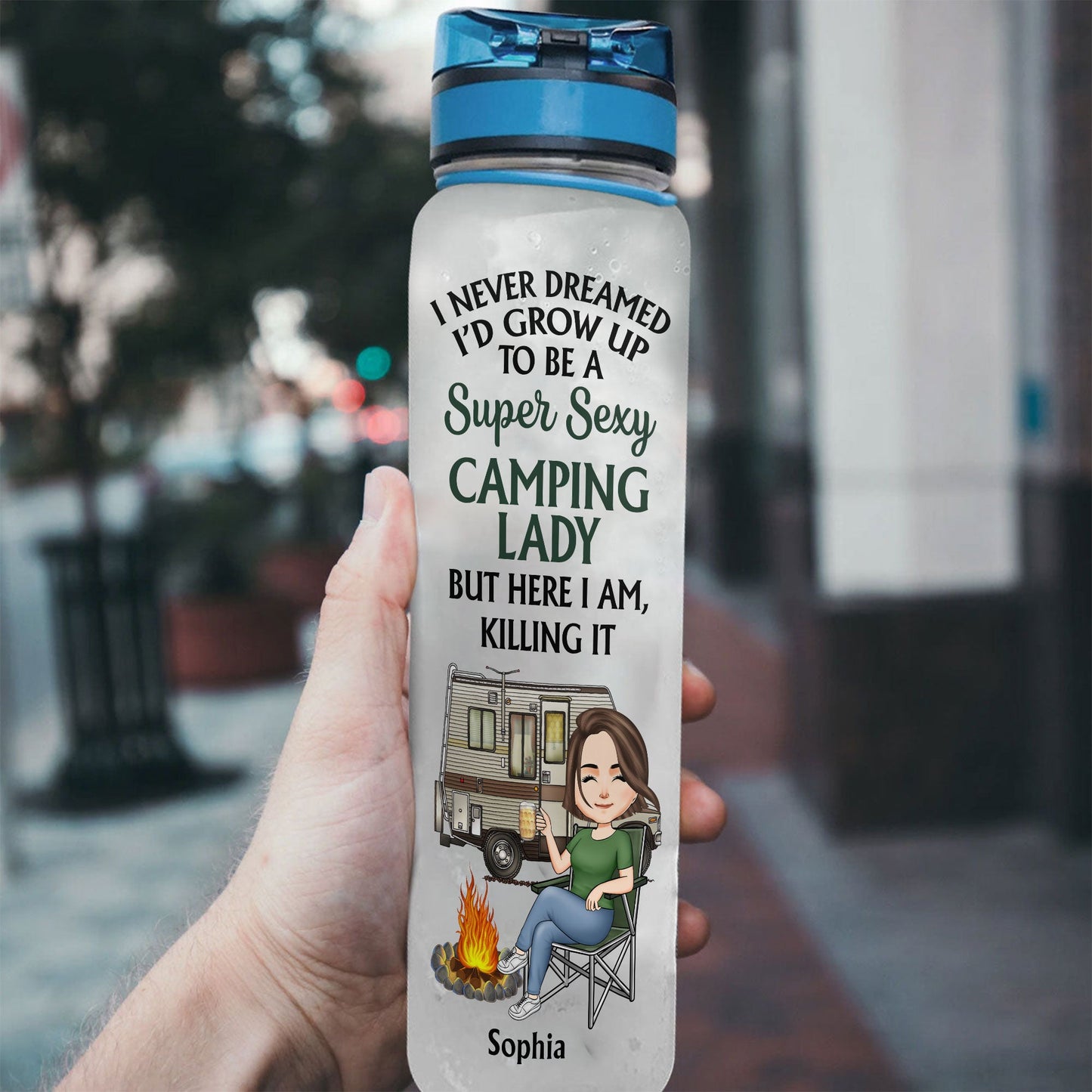 Super Sexy Camping Lady  - Personalized Water Bottle With Time Marker - Birthday, Funny, Summer Gift For Her, Woman, Camping Lady, Camping Lover