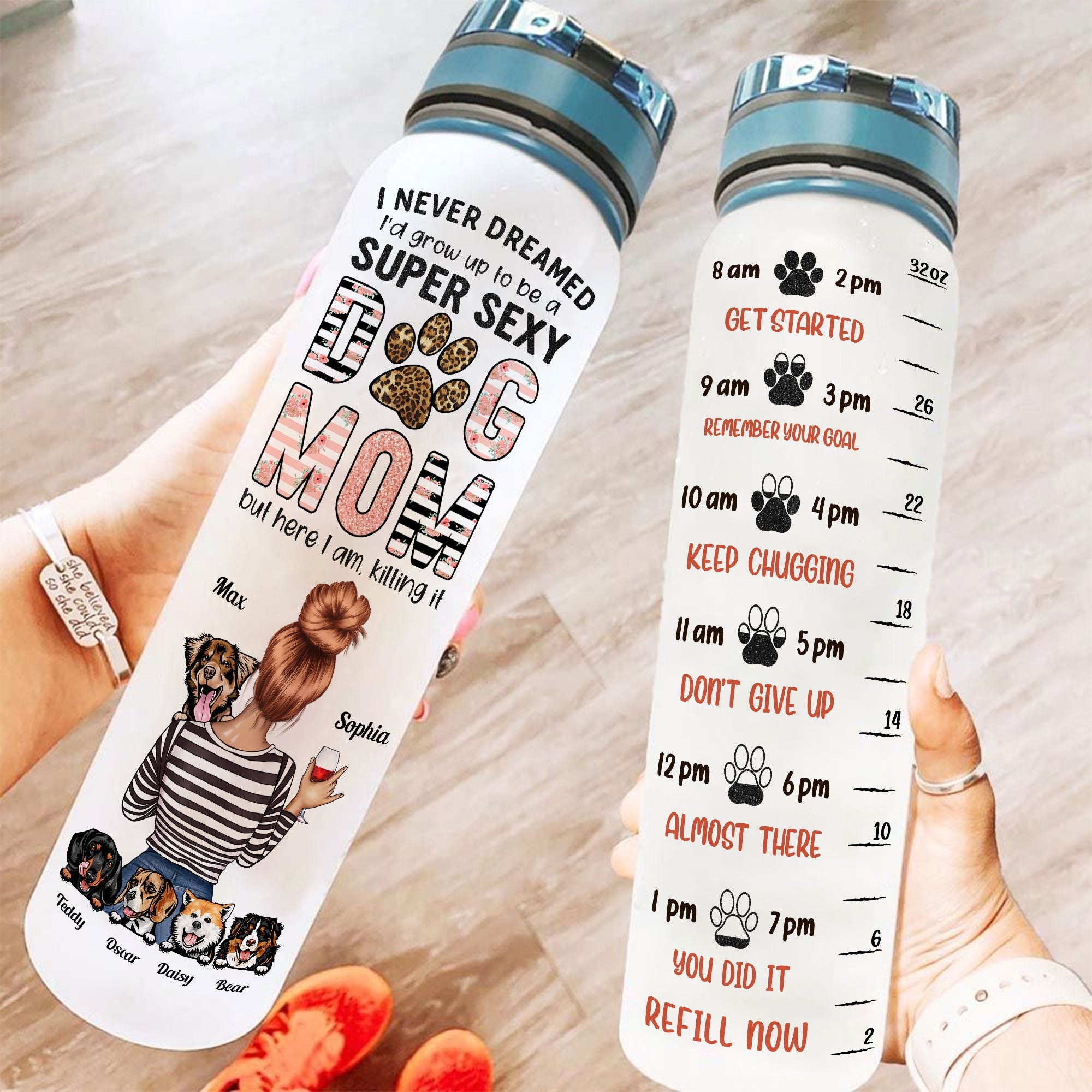 Super Sexy Dog Mom - Personalized Water Bottle With Time Marker - Funny, Birthday Gift For Dog Mom, Dog Mama, Fur Mama, Dog Lover, Dog Owner