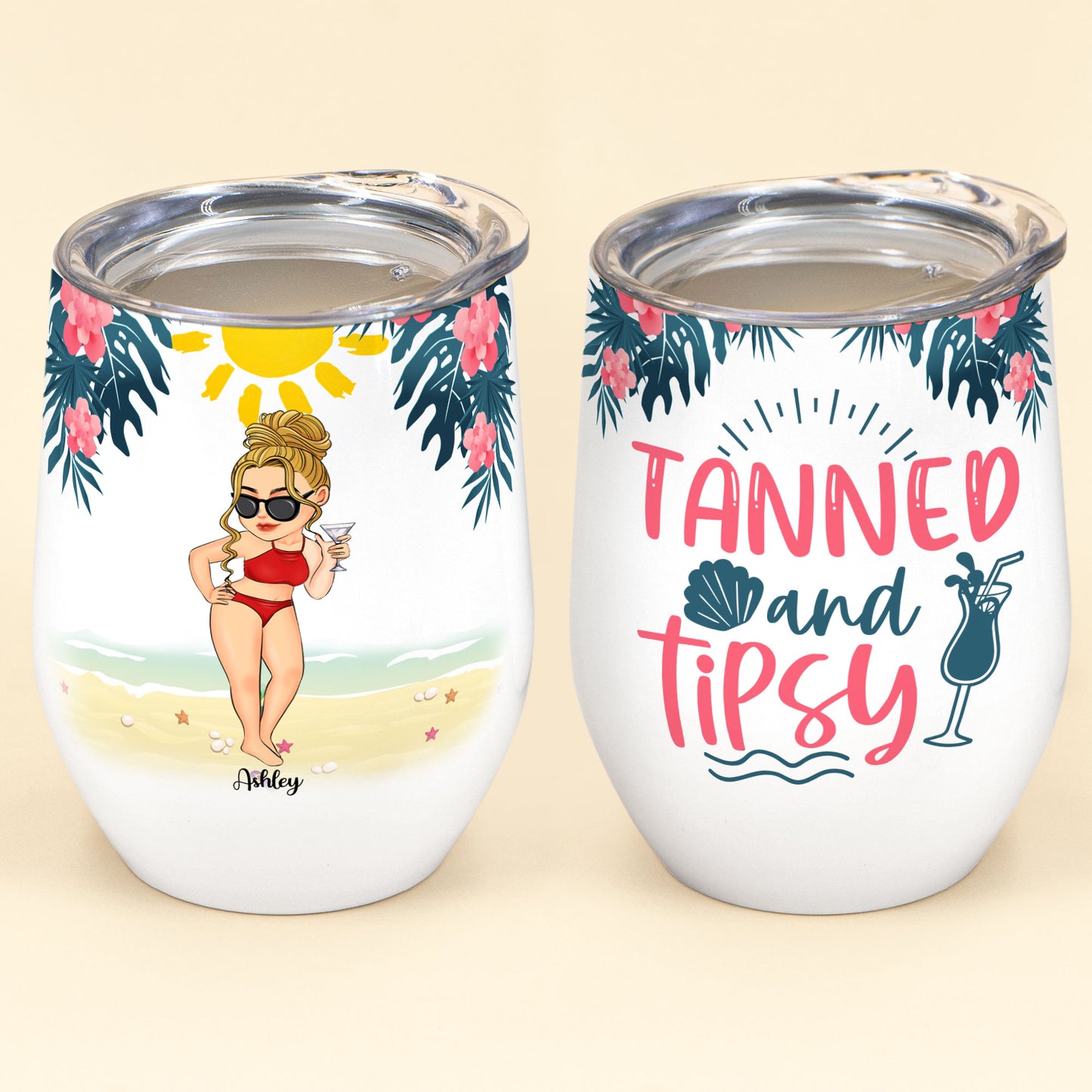Tanned And Tipsy New Version - Personalized Wine Tumbler - Birthday, Funny, Summer Gift For Her, Girl, Woman, Beach Lovers