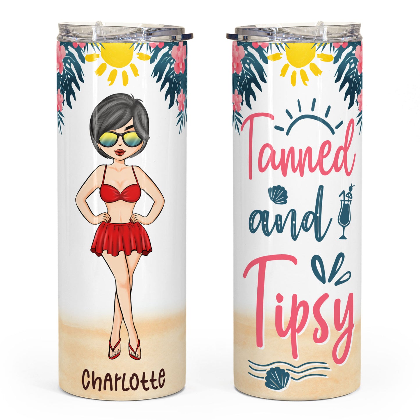 Tanned And Tipsy - Personalized Skinny Tumbler - Summer Gift For Friends, Daughter, Mom, Wife, Girls