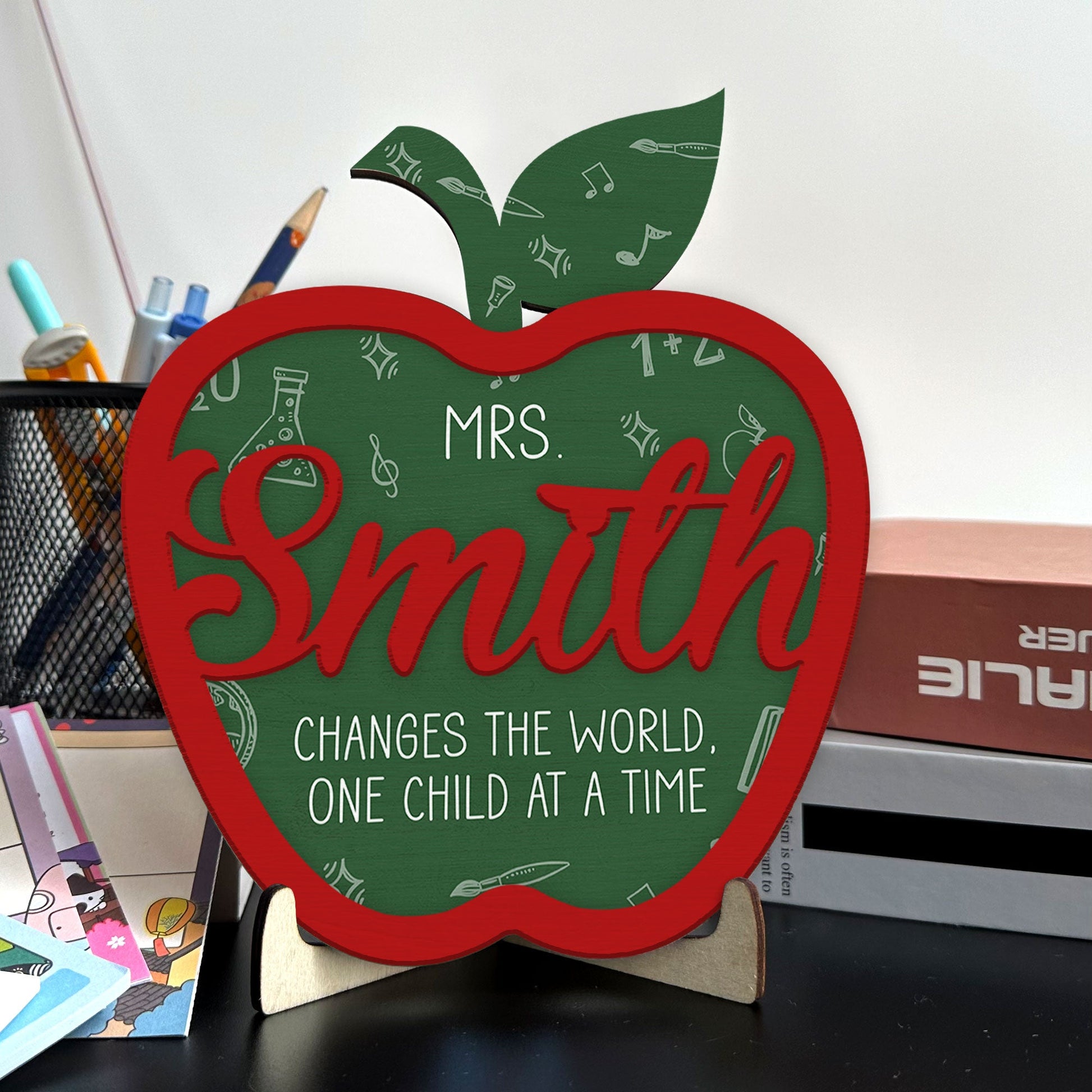 Teacher Changes The World - Personalized Custom Apple-Shaped 2 Layers Wooden Plaque
