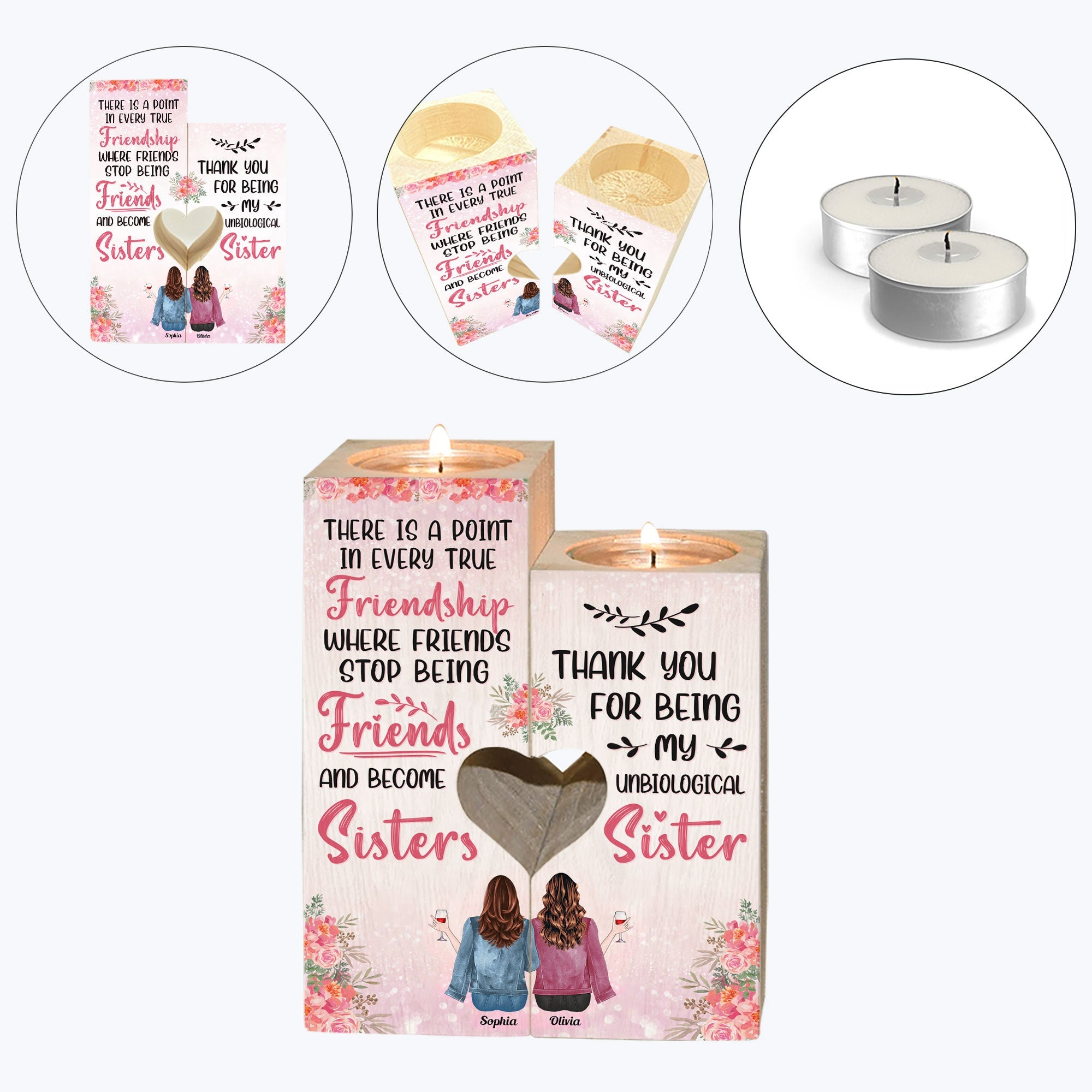 Thank You For Being My Unbiological Sister - Personalized Wood Candle Holder - Birthday, Loving Gift For Besties, Friends, BFFs, Sisters