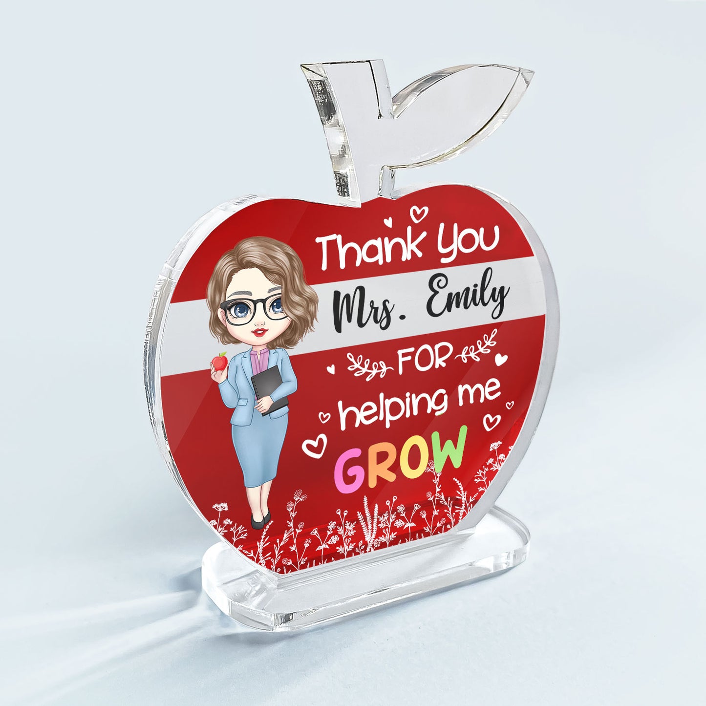 Thank You For Helping Me Grow - Personalized Apple Shaped Acrylic Plaque - Birthday, School Leaving, Appreciation Gift For Teachers  - From Students