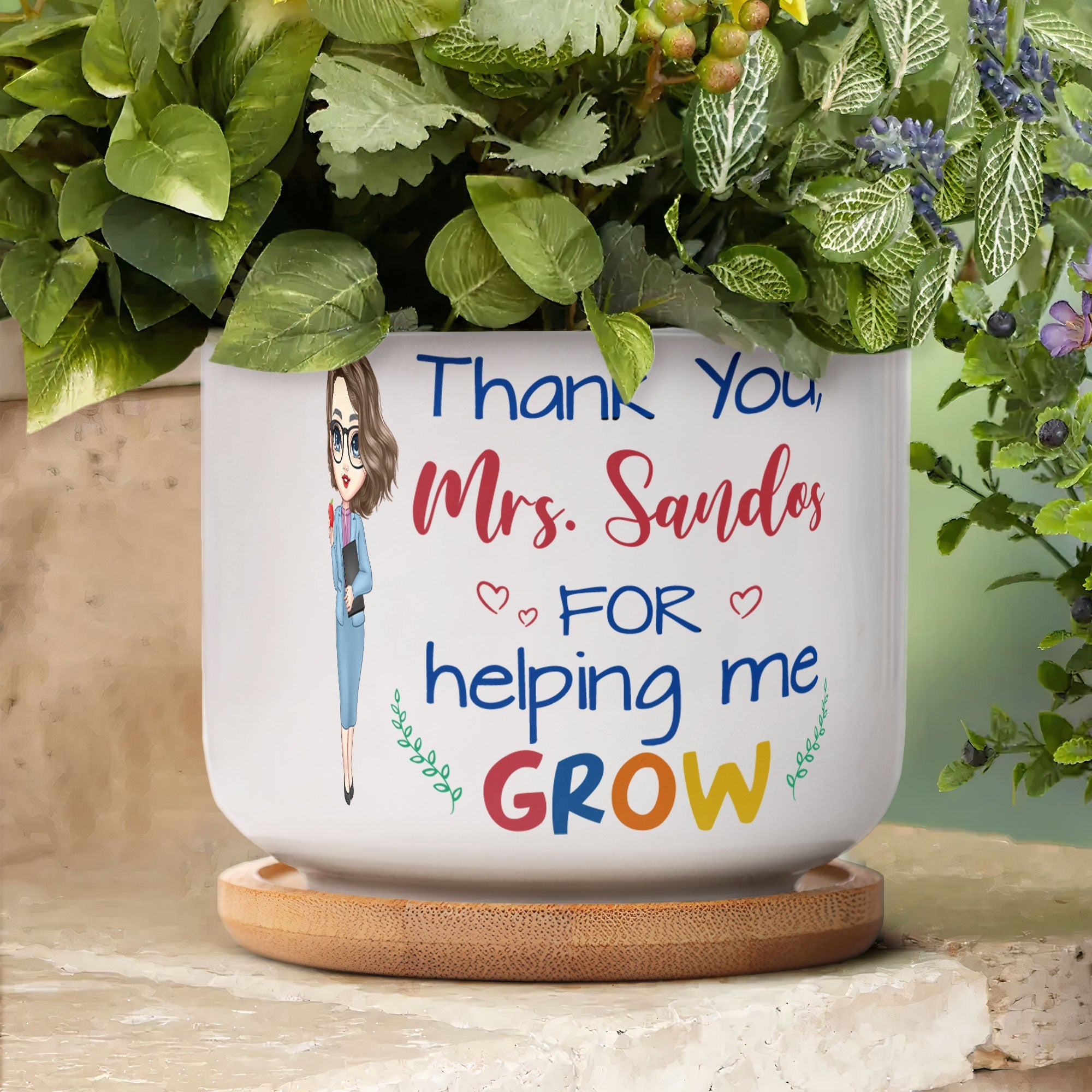 Thank You For Helping Me Grow - Personalized Ceramic Plant Pot With Tray