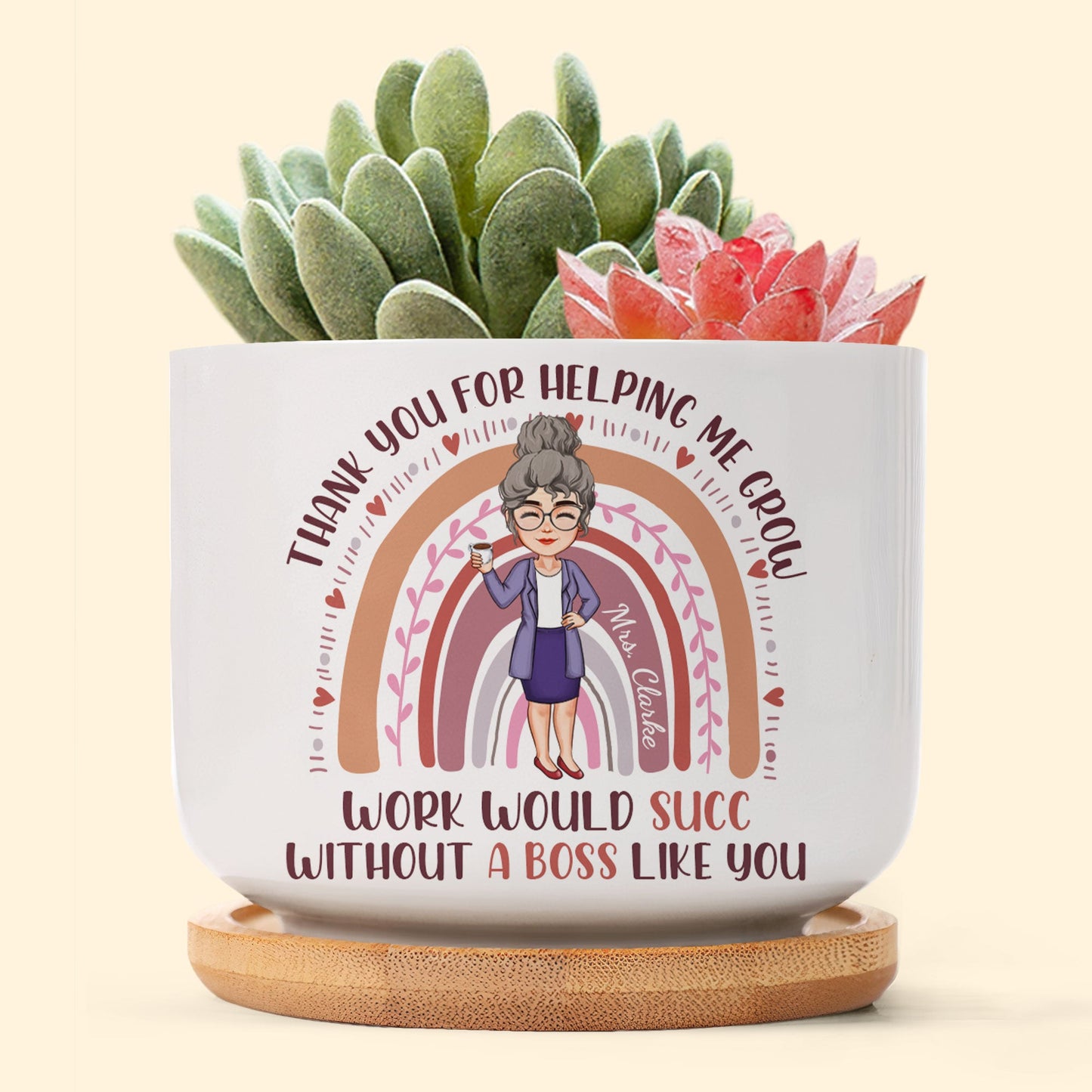 Thank You For Helping Me Grow, Boss - Personalized Ceramic Plant Pot With Tray