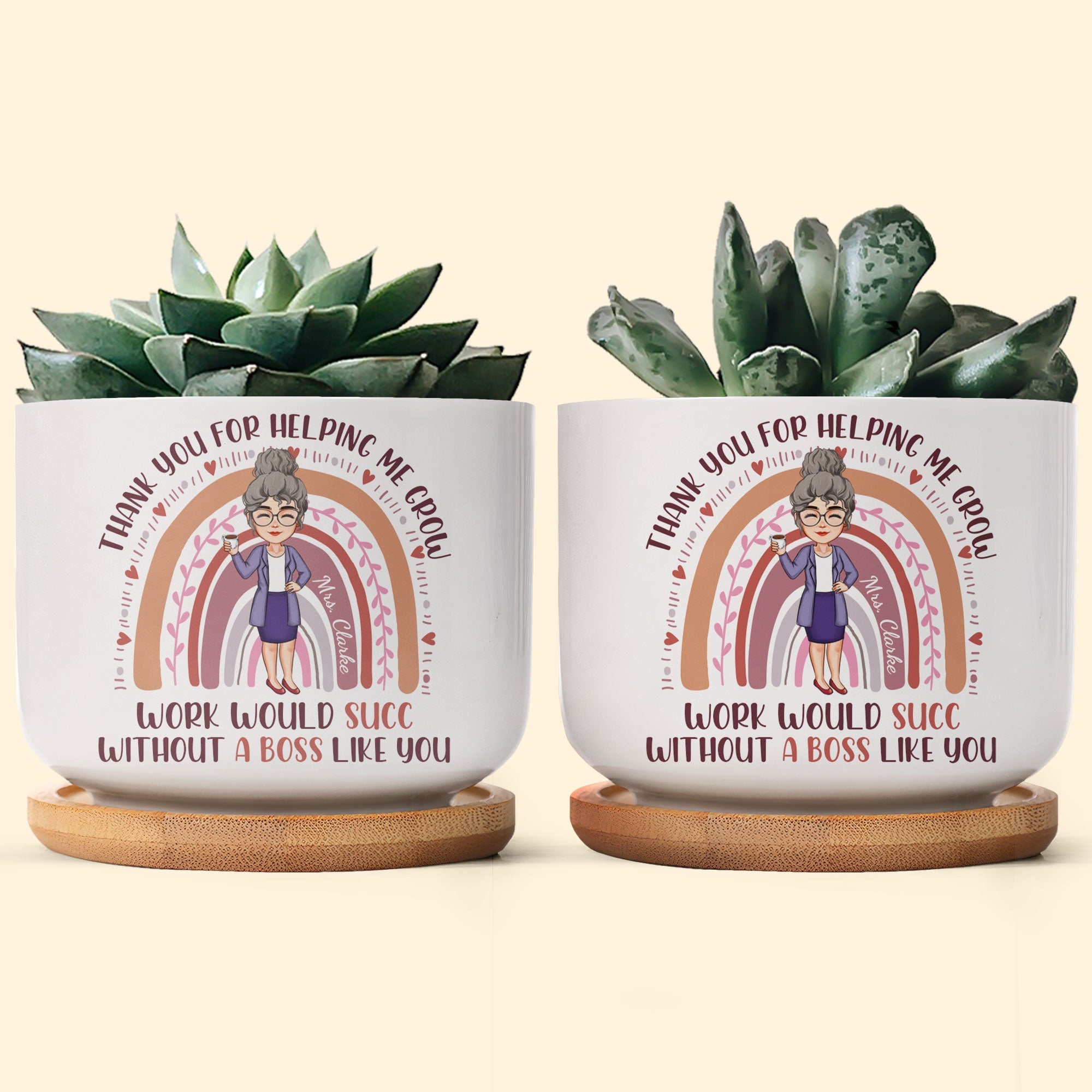 Thank You For Helping Me Grow, Boss - Personalized Ceramic Plant Pot With Tray