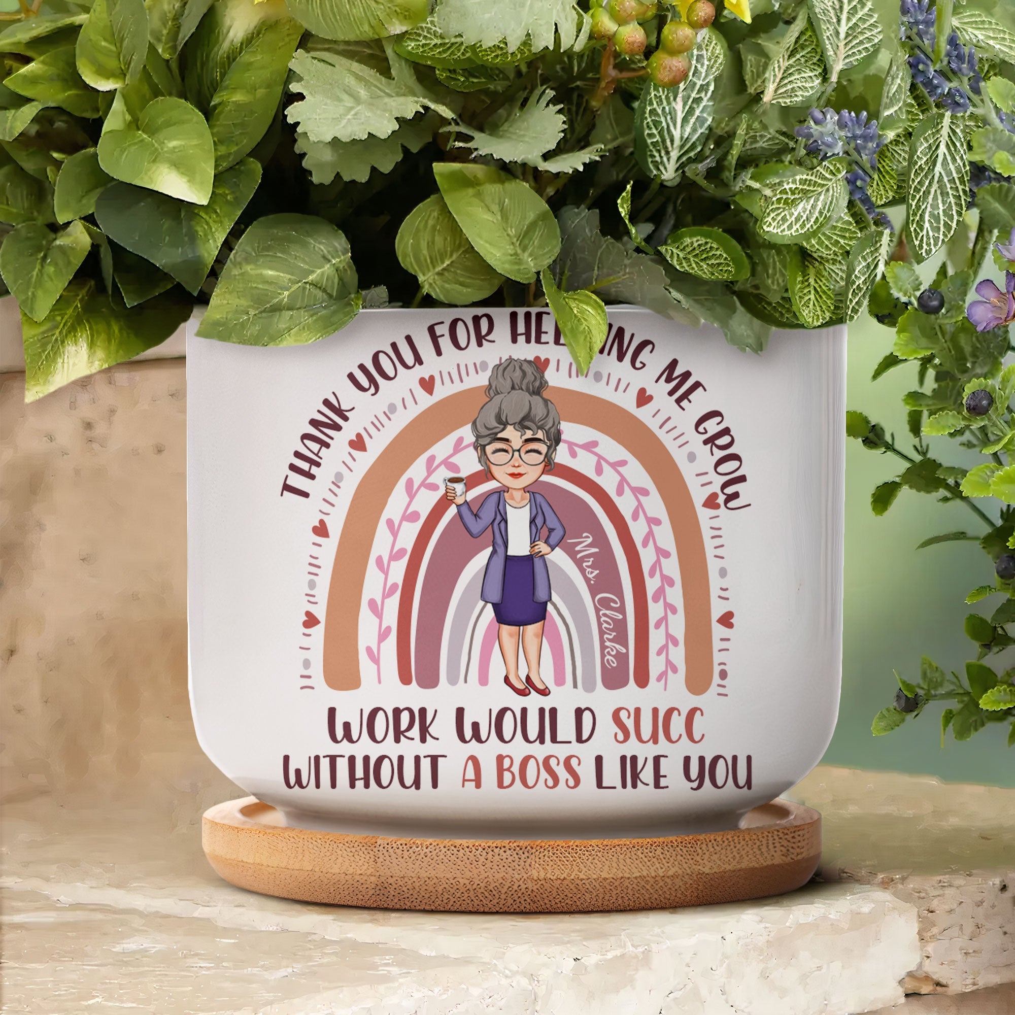 Thank You For Helping Me Grow, Boss - Personalized Ceramic Plant Pot With Tray