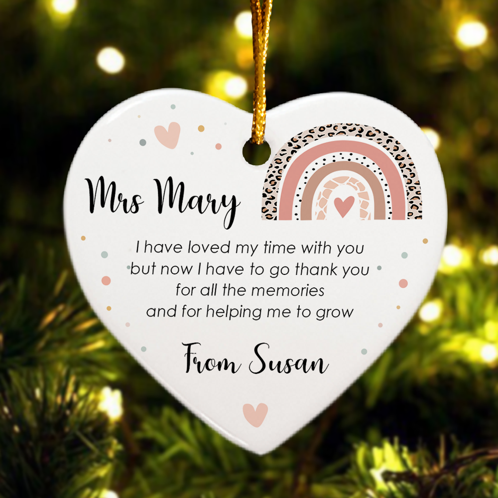 Thank You Teacher Boho Rainbow - Personalized Heart Shaped Ceramic Ornament