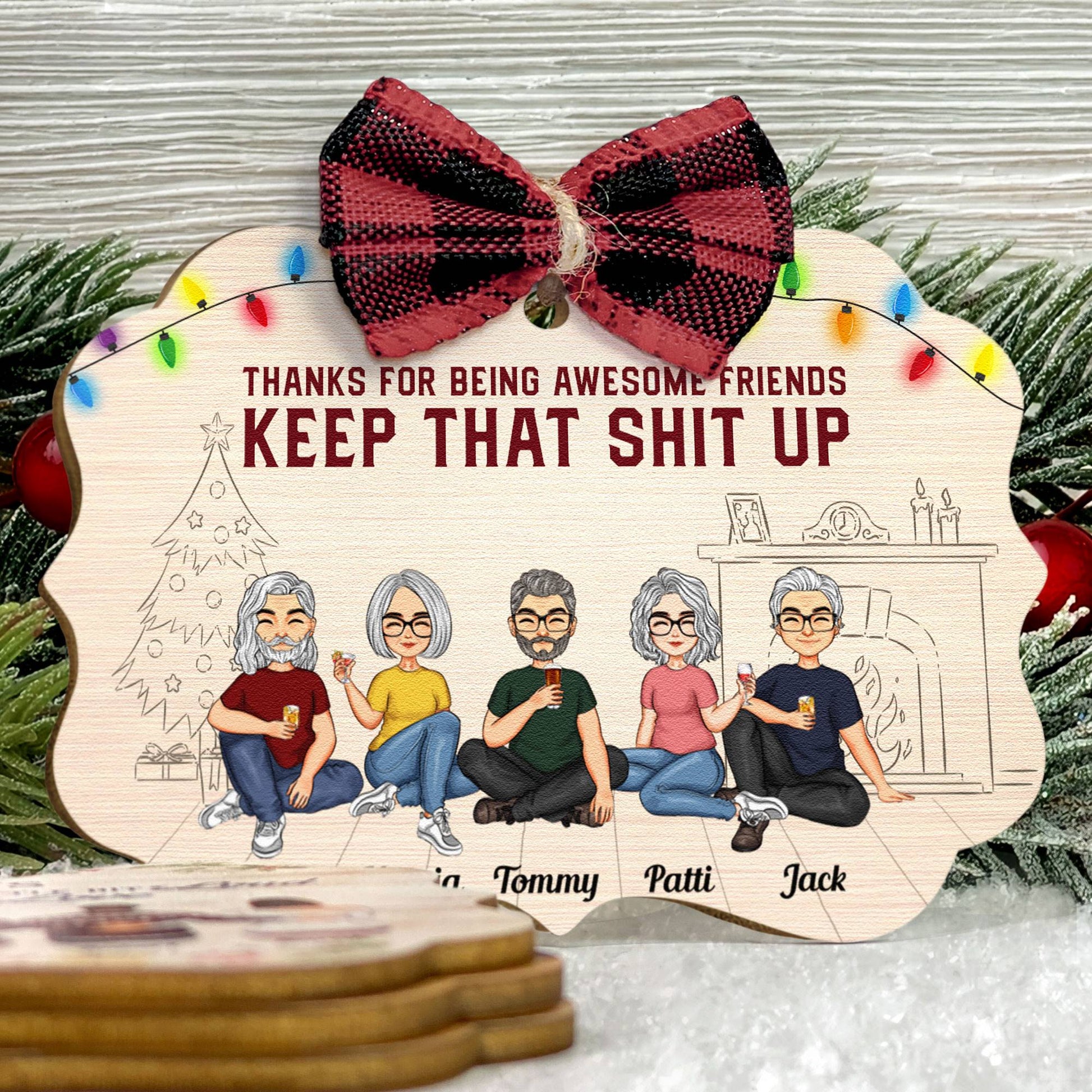 Thanks For Being Awesome Friends - Personalized Wooden Ornament With Bow