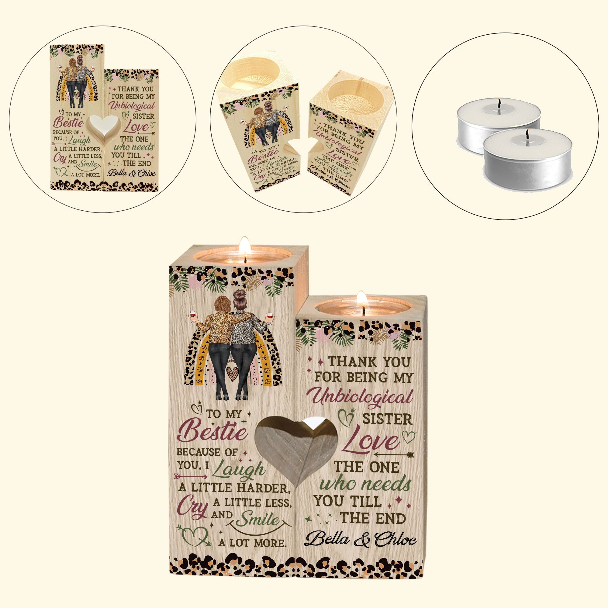 Thanks For Being My Unbiological Sister - Personalized Wood Candle Holder - Birthday, Heartwarming Gift For Besties, Friends, Soul Sisters, BFFs