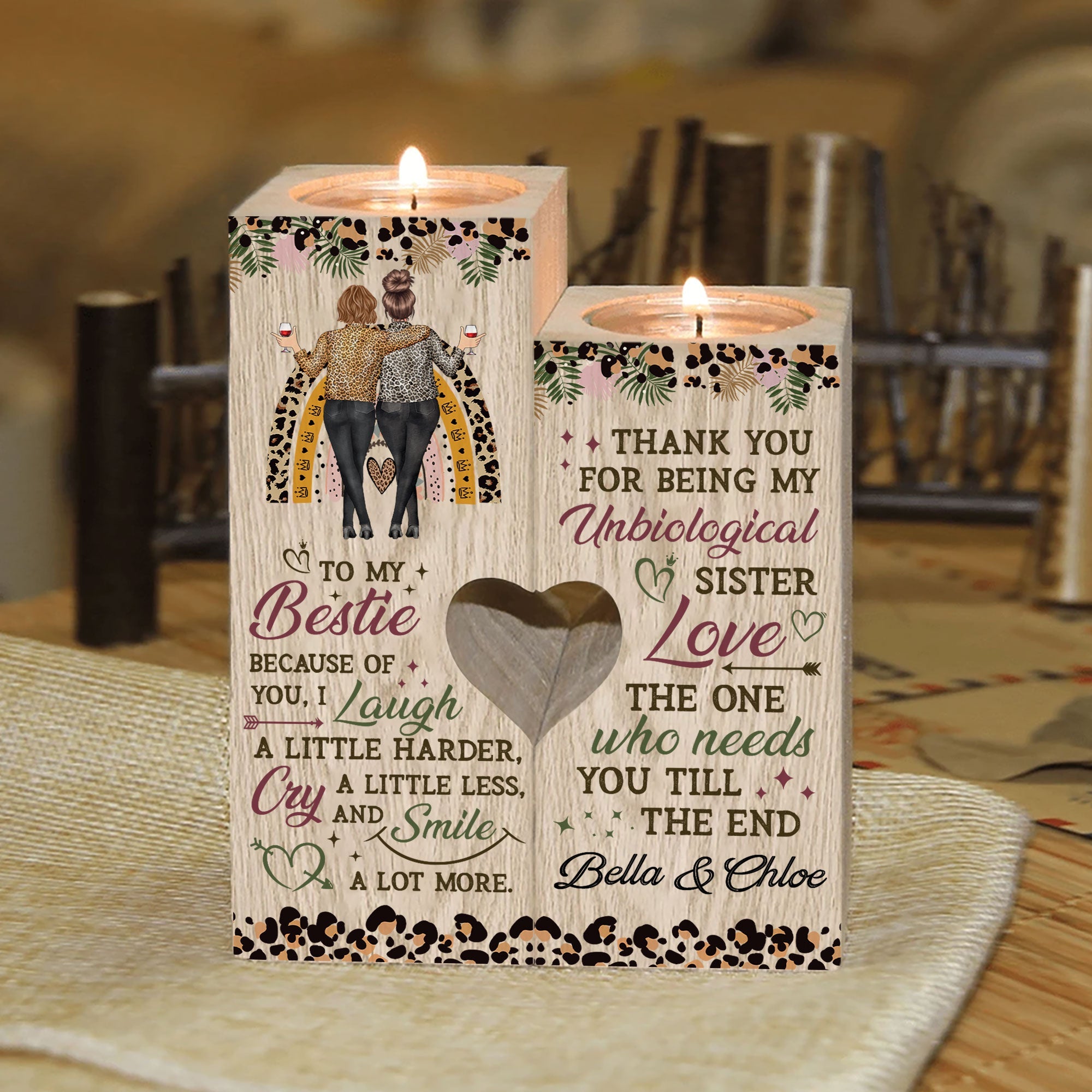 Thanks For Being My Unbiological Sister - Personalized Wood Candle Holder - Birthday, Heartwarming Gift For Besties, Friends, Soul Sisters, BFFs