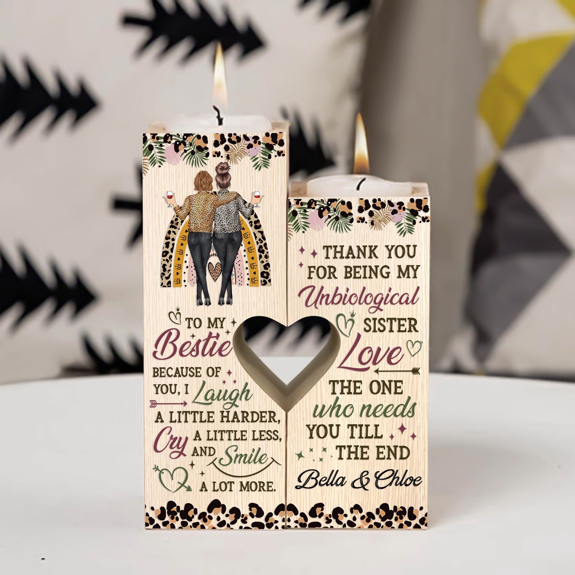 Thanks For Being My Unbiological Sister - Personalized Wood Candle Holder - Birthday, Heartwarming Gift For Besties, Friends, Soul Sisters, BFFs