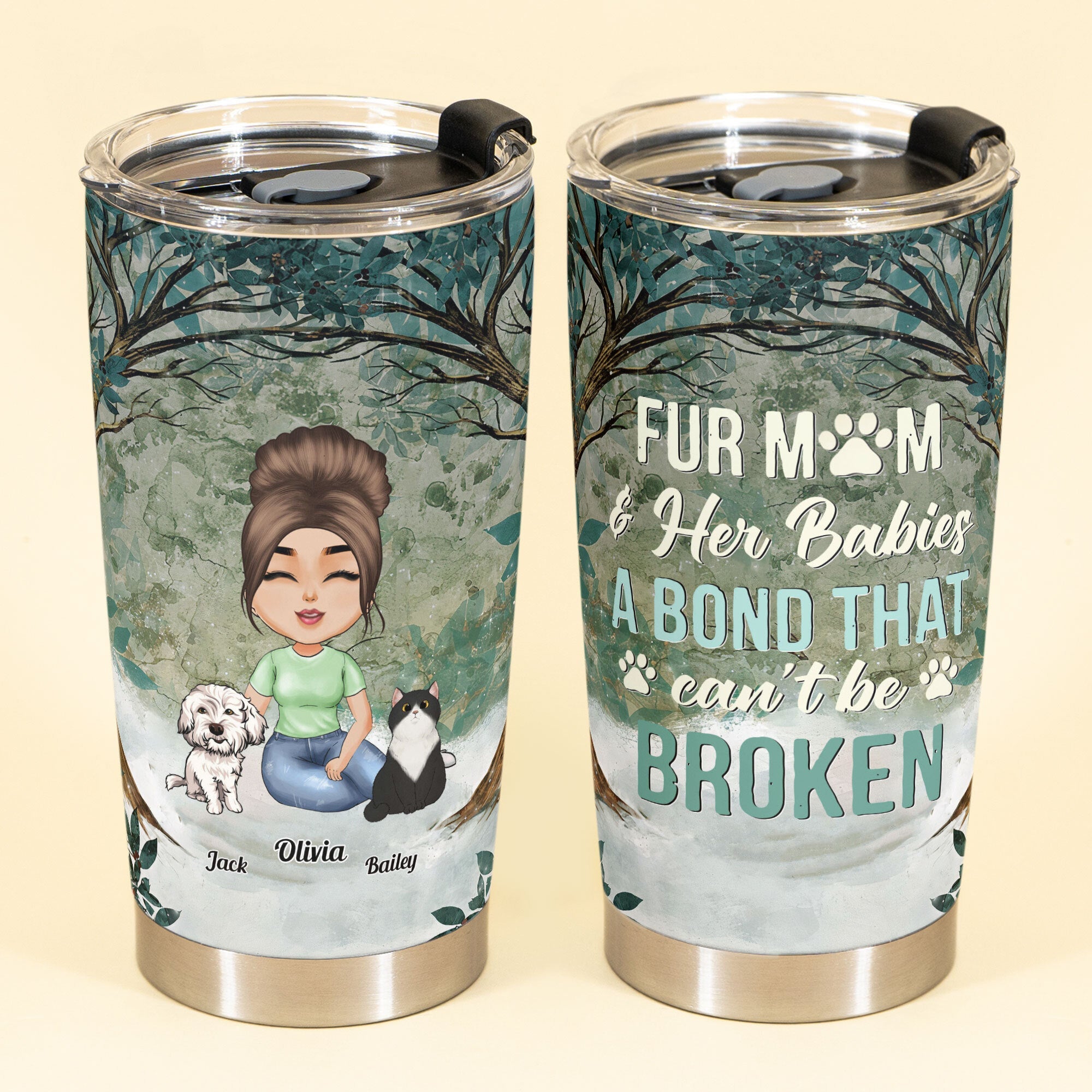 The Bond Between Fur Mom & Her Babies - Personalized Tumbler Cup - Birthday, Funny Gift For Dog & Cat Lovers, Dog & Cat Mom