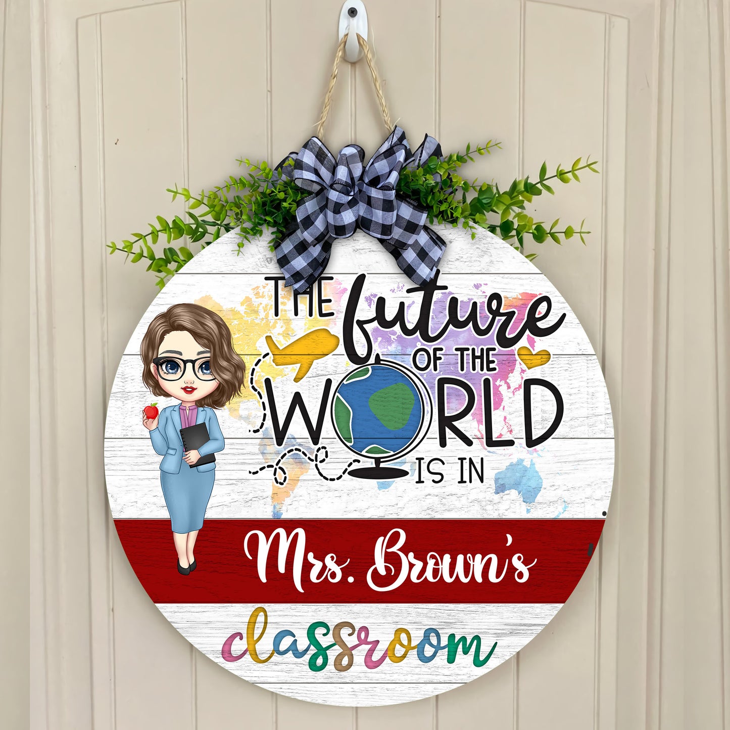 The Future Of The World Is In My Classroom - Personalized Wood Sign - Door Sign, Classroom Welcome Gift For Teacher, Students, Classroom Decor