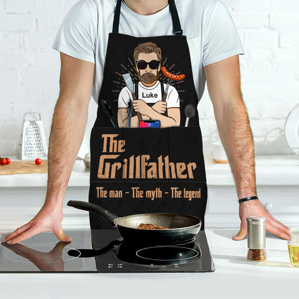 The Grillfather - Personalized Apron With Pocket - Birthday, Funny Gift For Father, Dad, Bbq Loving Dad