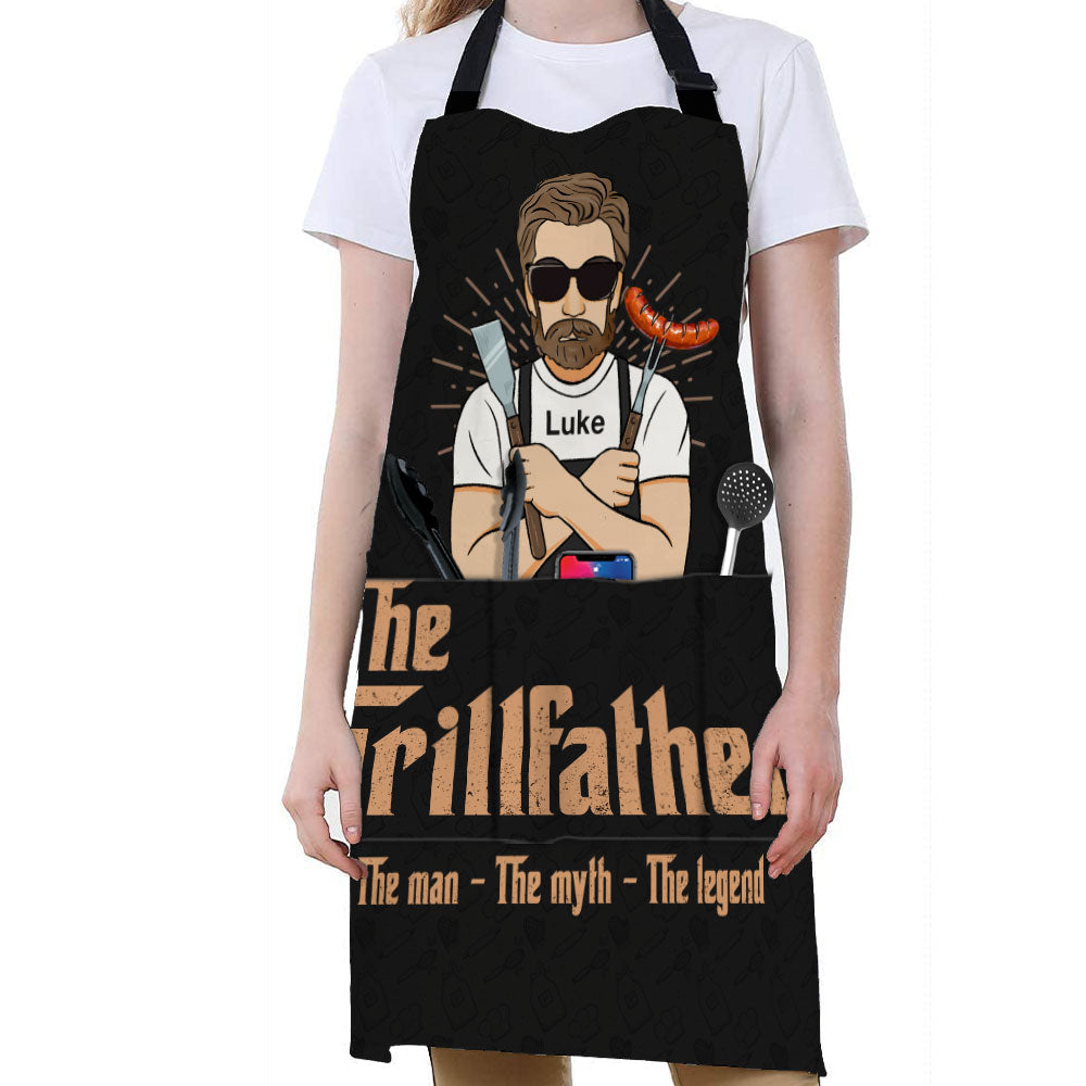 The Grillfather - Personalized Apron With Pocket - Birthday, Funny Gift For Father, Dad, Bbq Loving Dad