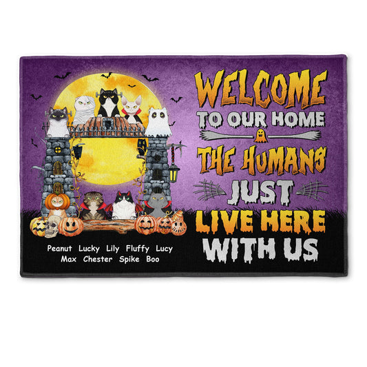 The Humans Just Live Here With Us - Halloween Version  - Personalized Doormat - Funny, Halloween, Home Decor  Gift For Cat Mom, Cat Lover, Cat Owner