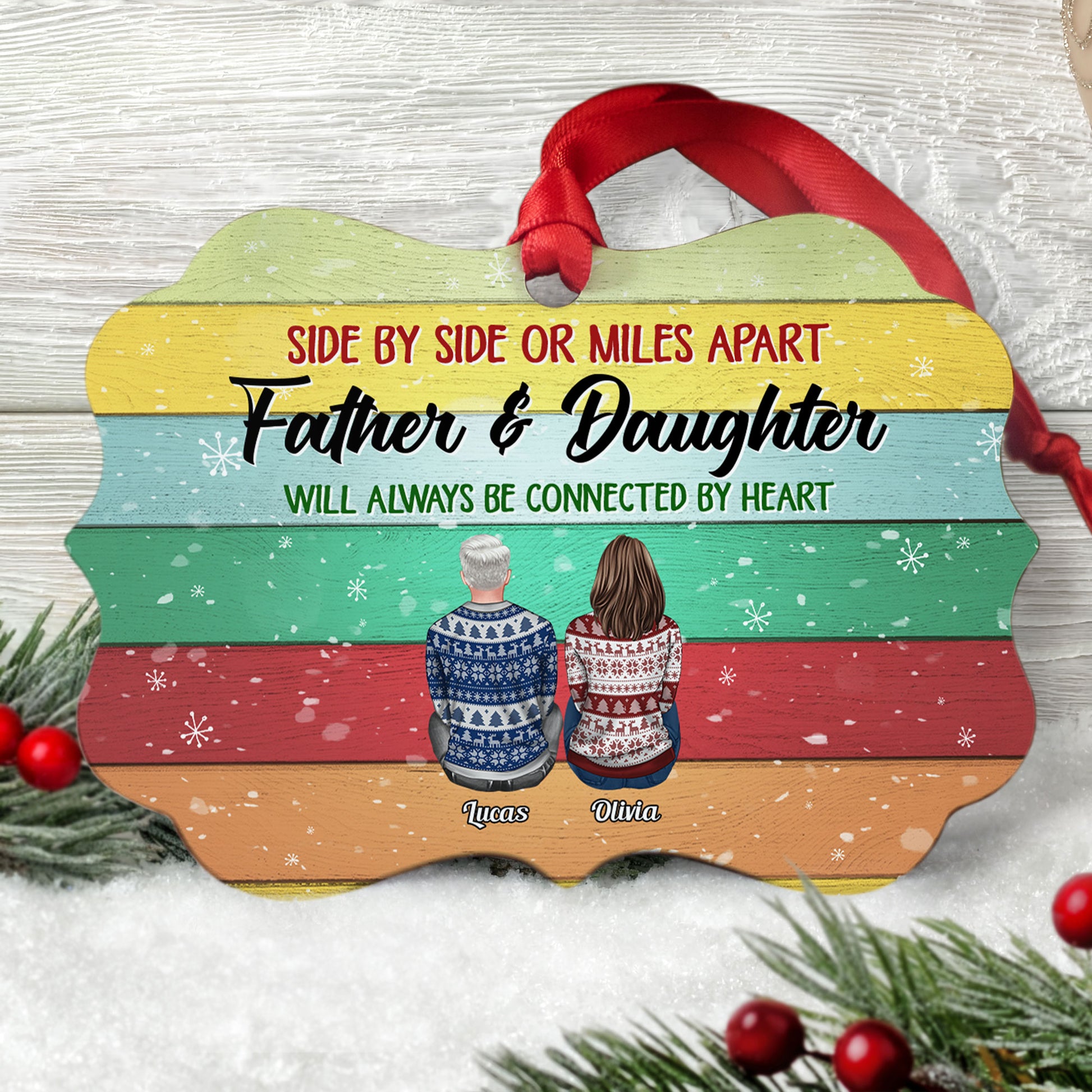 The Love Between Father And Daughter Is Forever - Personalized Aluminum Ornament - Christmas Gift Father Ornament For Dad - Ugly Christmas Sweater Sitting