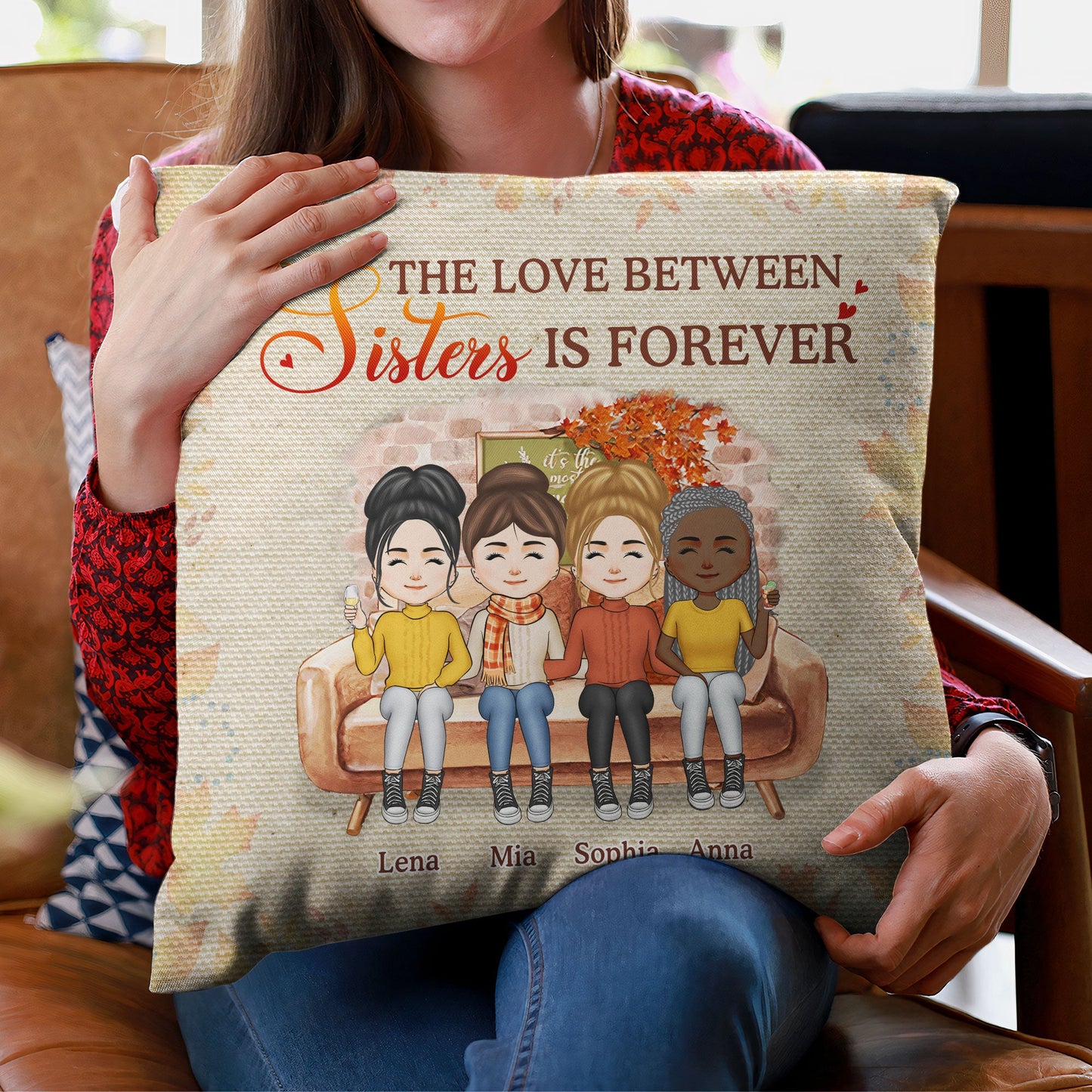 The Love Between Sisters Is Forever - Personalized Pillow (Insert Included) - Fall Vibes Gift For Sisters, Brothers, Siblings, Long Distance Family, Heartwarming Gift