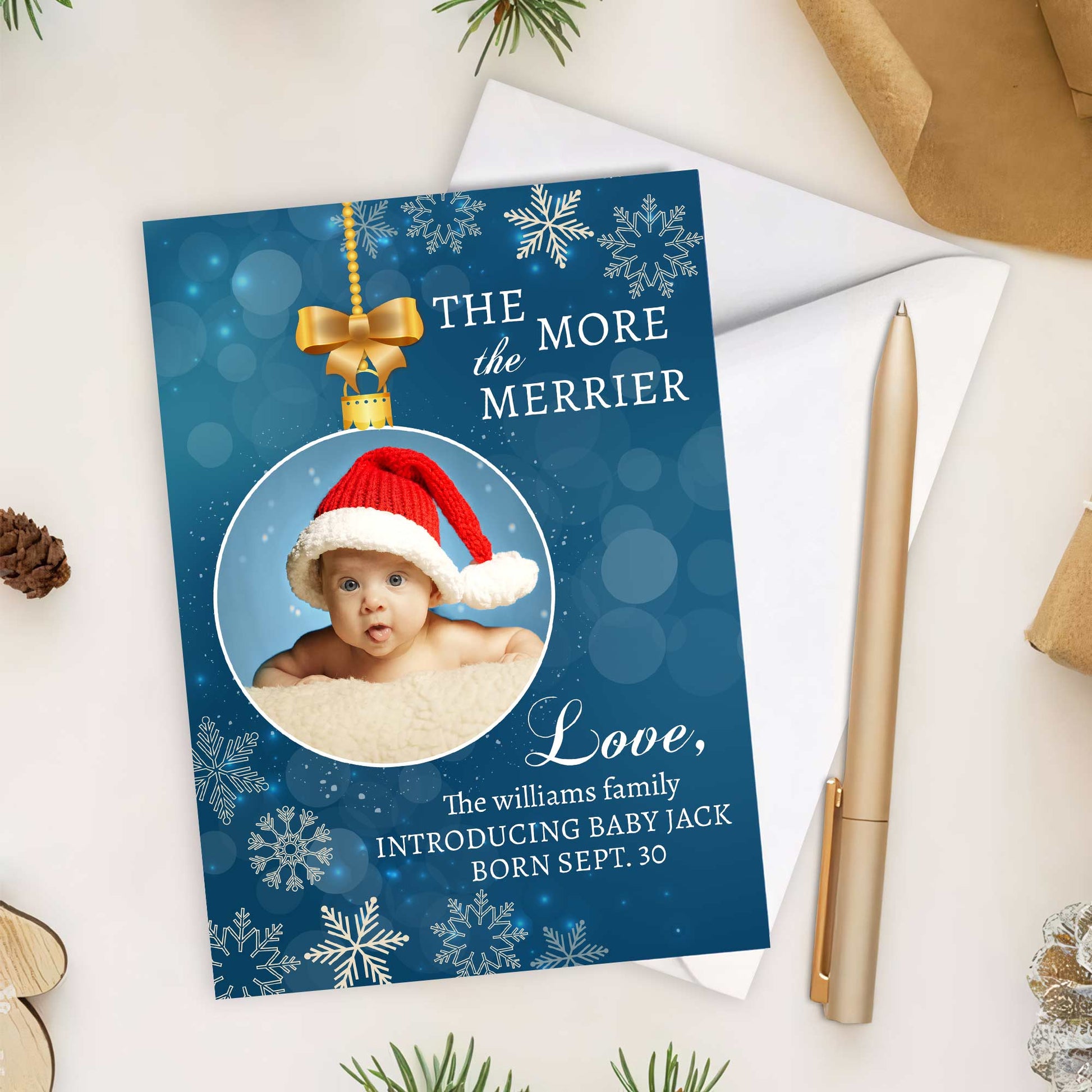 The More The Merrier, Newborn - Personalized Photo Christmas Card