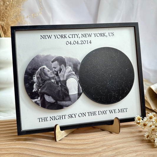 The Night Sky On The Day We Met - Personalized 2 Layers Wooden Photo Plaque