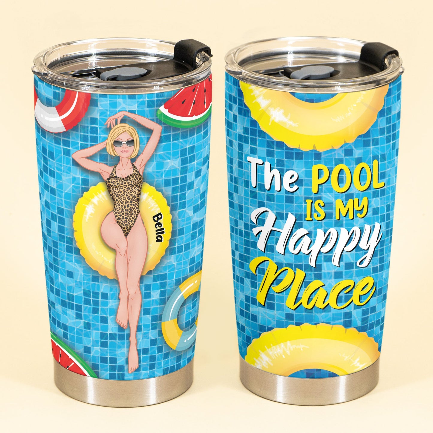 The Pool Is My Happy Place - Personalized Tumbler Cup - Anniversary, Birthday Gift For Beach Lovers, Summer Gift, Vacation, Sunbathing