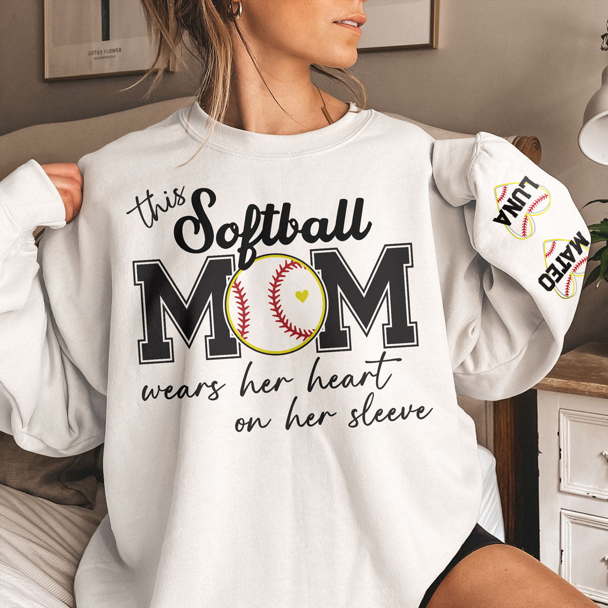 This Softball Mom Wear Her Heart On Her Sleeve - Personalized Sweatshirt