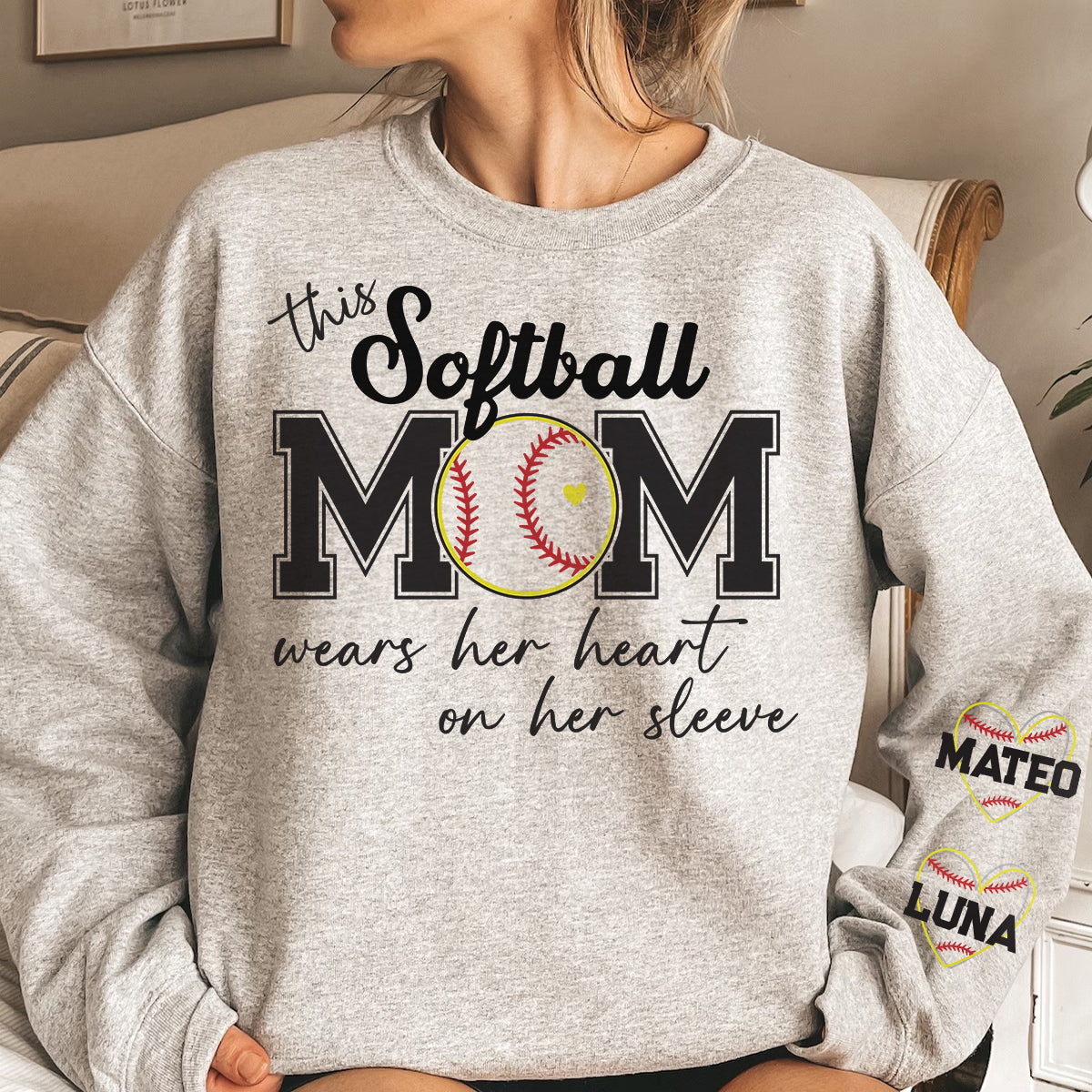 This Softball Mom Wear Her Heart On Her Sleeve - Personalized Sweatshirt