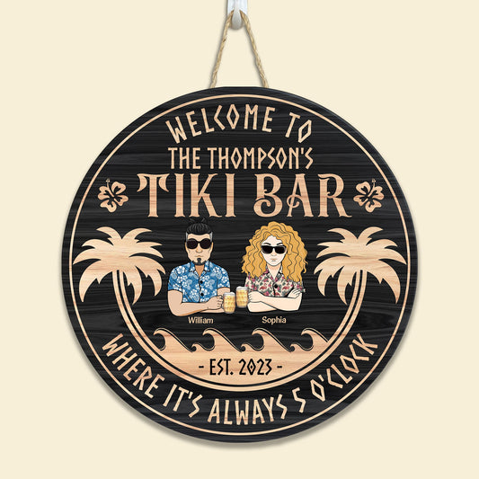 Tiki Bar Beach Couple Summer Tropical Pool Sign - Personalized Round Wood Sign