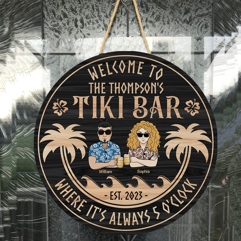 Tiki Bar Beach Couple Summer Tropical Pool Sign - Personalized Round Wood Sign