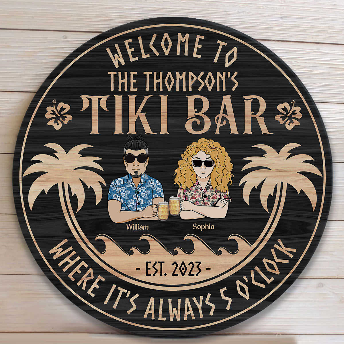 Tiki Bar Beach Couple Summer Tropical Pool Sign - Personalized Round Wood Sign