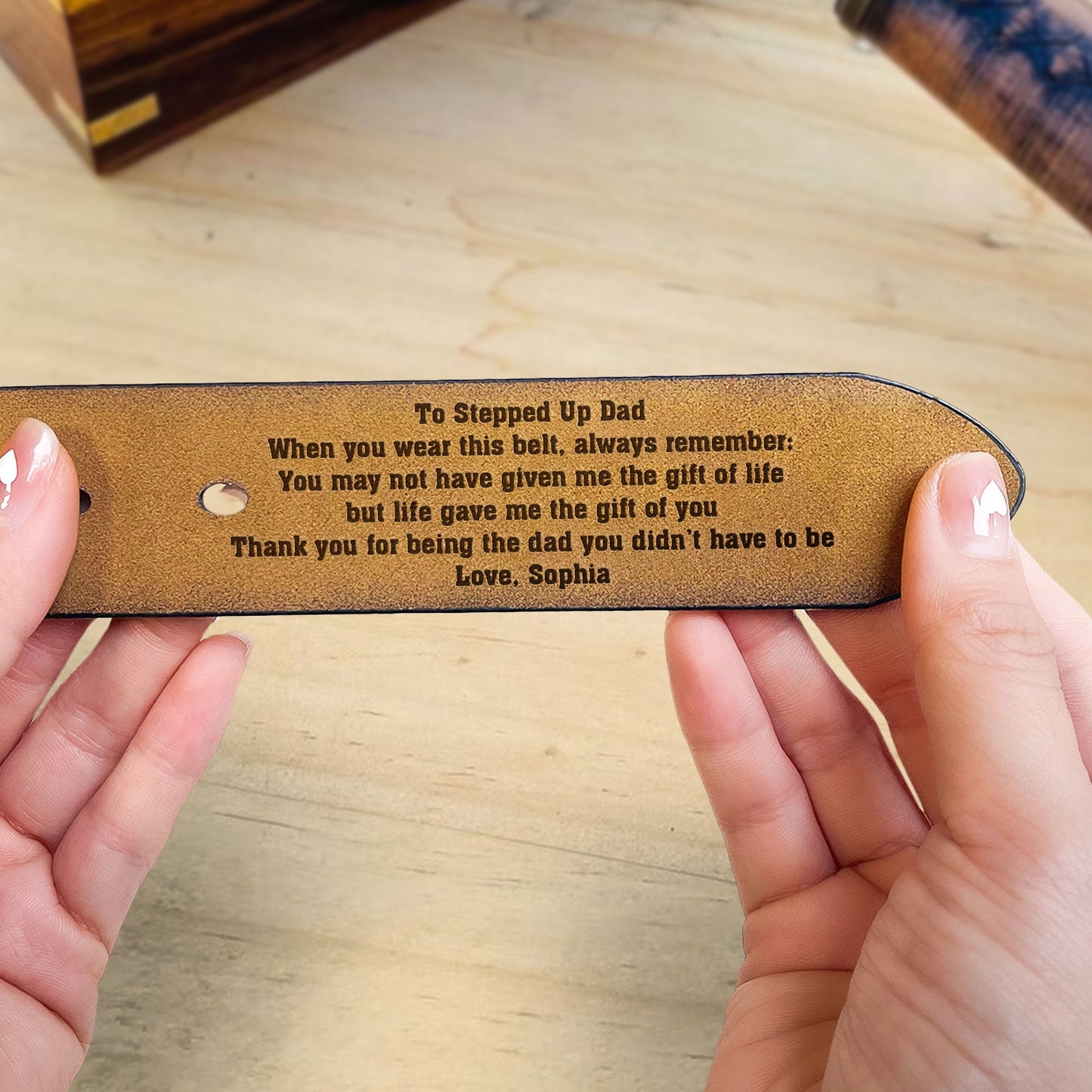 To Stepped Up Dad Life Gave Me The Gift Of You - Personalized Engraved Leather Belt