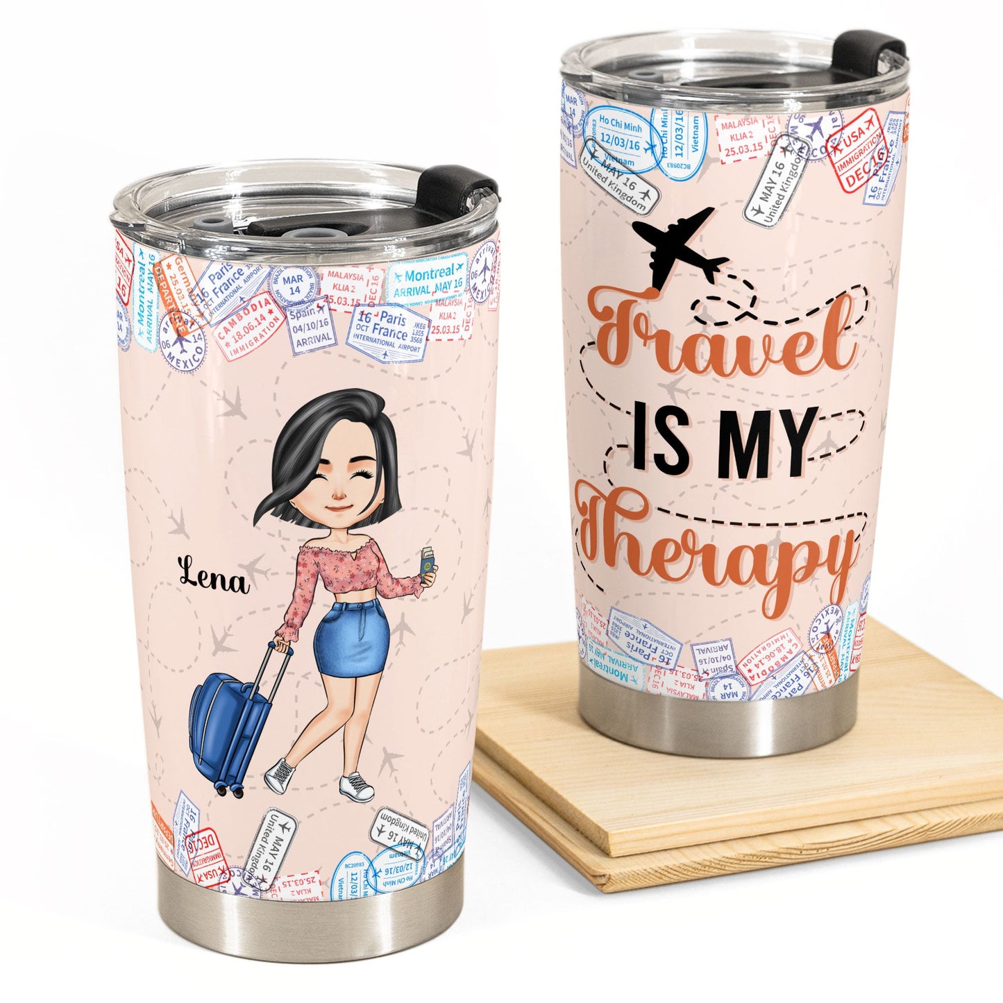 Travel Is My Therapy - Personalized Tumbler Cup - Birthday Gift For Her, Travelers, Vacation, Trippin' Gift - Travel Girl Cartoon