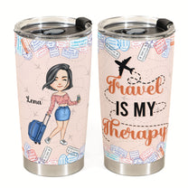 Travel Is My Therapy - Personalized Tumbler Cup - Birthday Gift For Her, Travelers, Vacation, Trippin' Gift - Travel Girl Cartoon