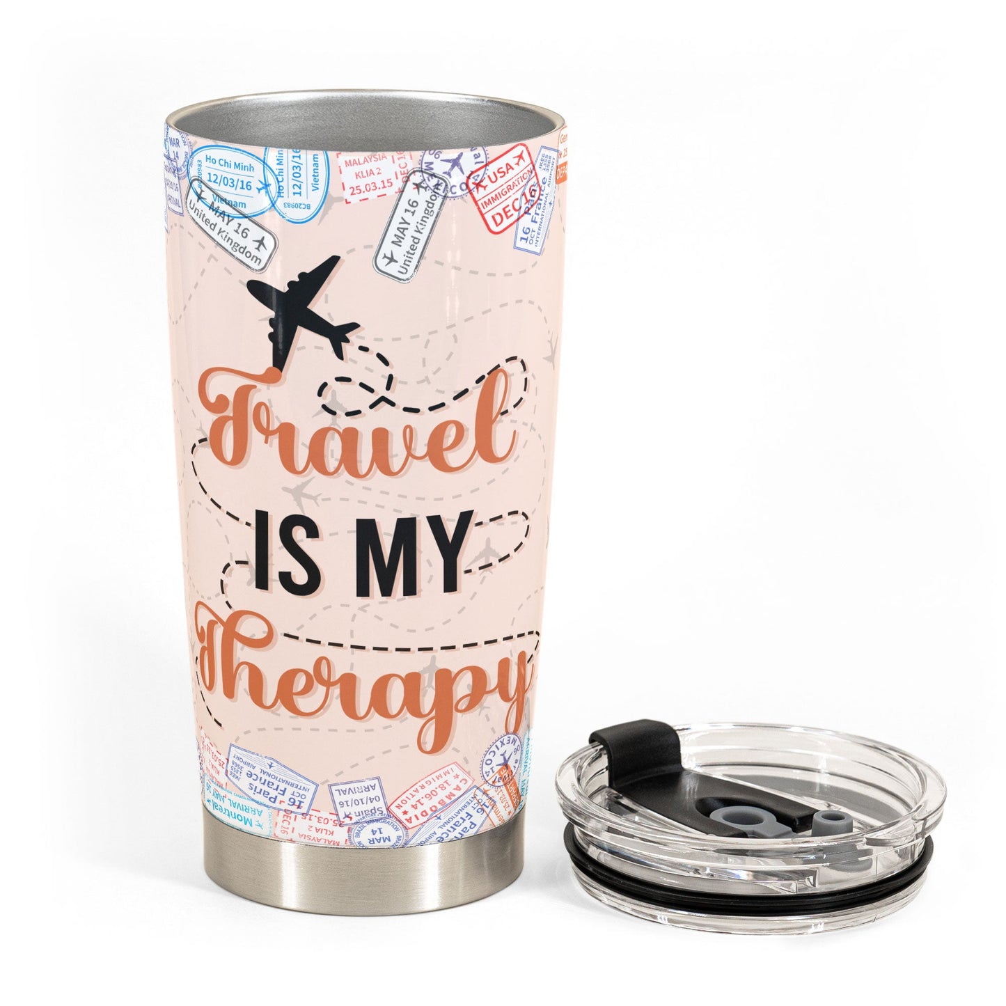 Travel Is My Therapy - Personalized Tumbler Cup - Birthday Gift For Her, Travelers, Vacation, Trippin' Gift - Travel Girl Cartoon