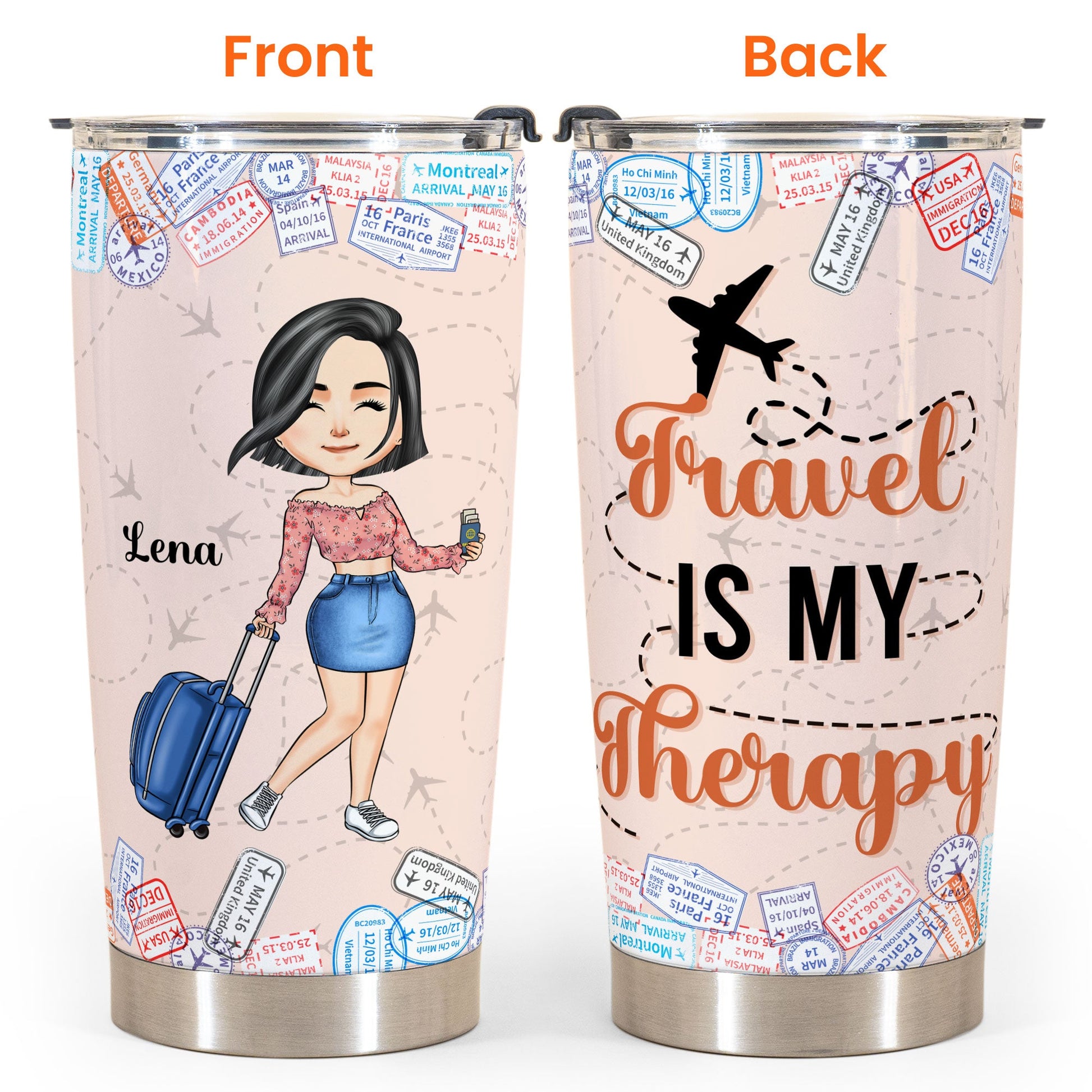 Travel Is My Therapy - Personalized Tumbler Cup - Birthday Gift For Her, Travelers, Vacation, Trippin' Gift - Travel Girl Cartoon