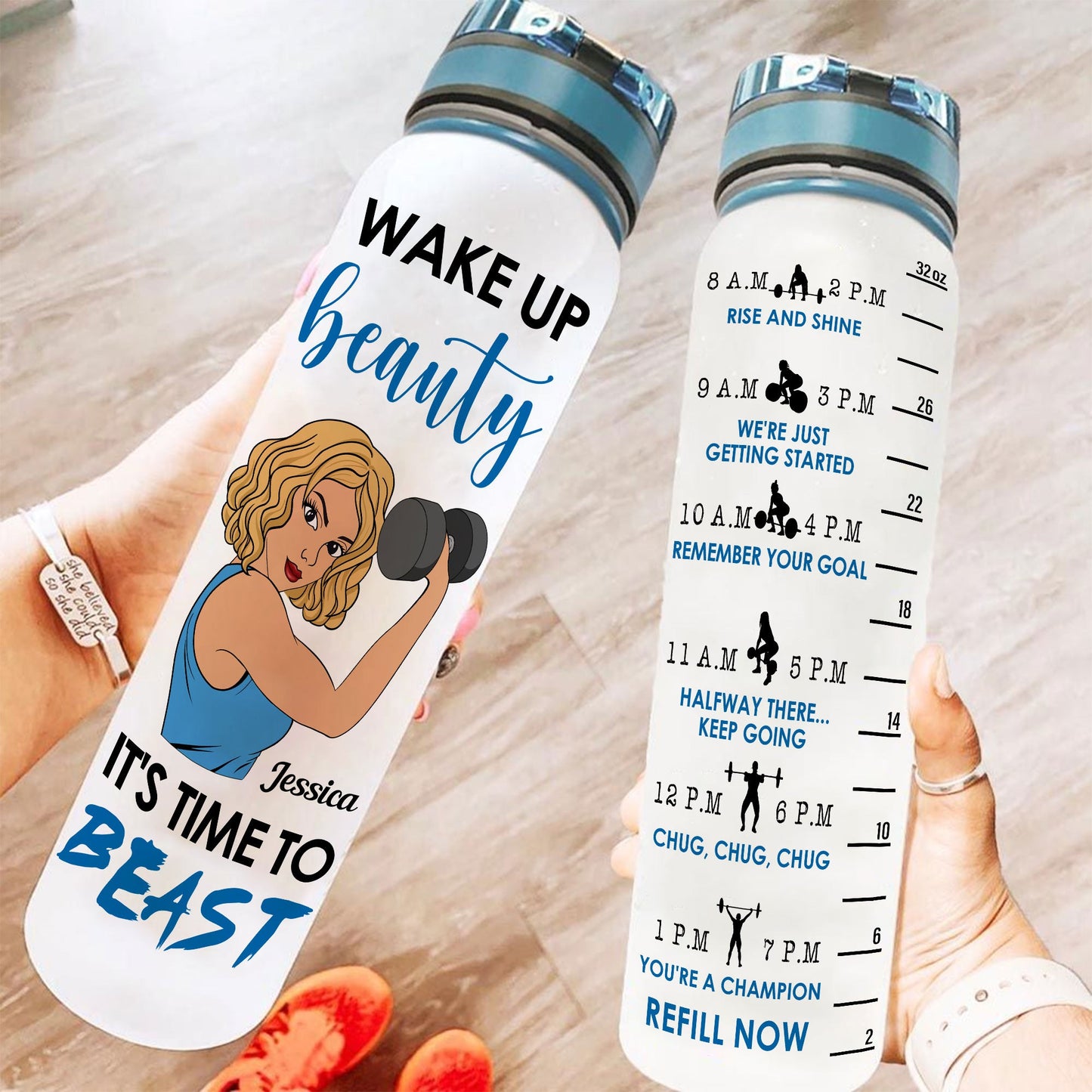 Wake Up Beauty It'S Time To Beast  - Personalized Water Tracker Bottle - Birthday, Motivation Gift For Fitness Lovers, Gymers