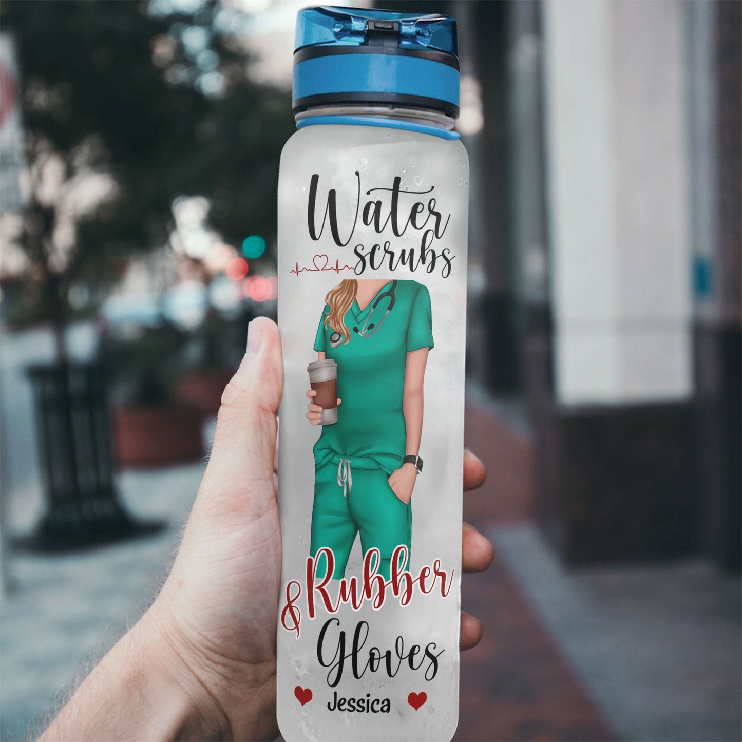 Water Scrubs & Rubber Gloves - Personalized Water Bottle With Time Marker