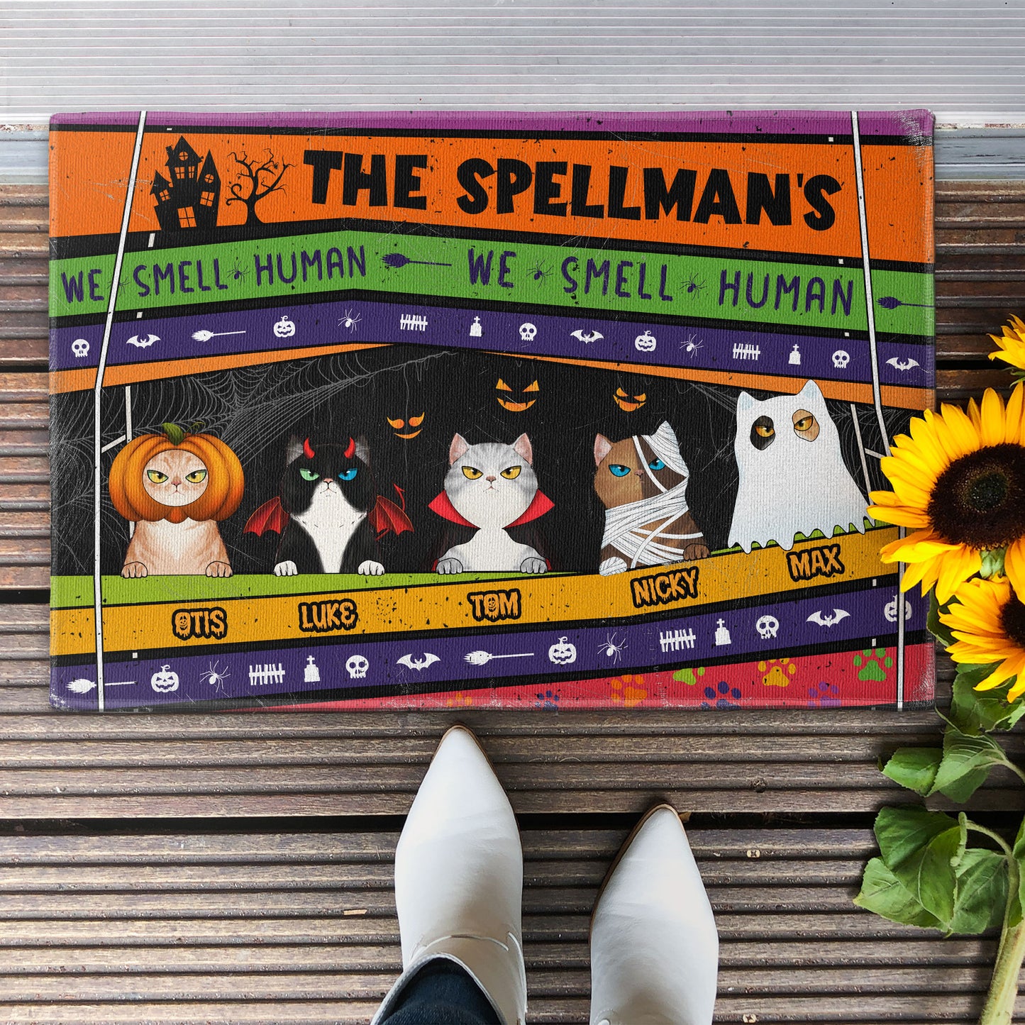 We Smell Human - Personalized Doormat - Halloween Gift For Family, Cat Lovers, Cat Owner, Porch Decoration, Funny Seasonal Decor