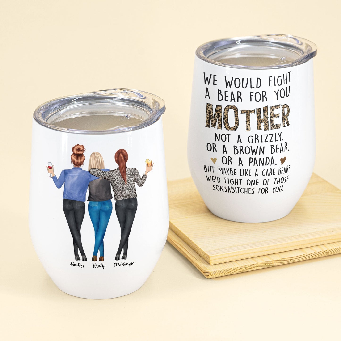 We'd Fight A Bear For You Mom - Personalized Wine Tumbler - Christmas, Birthday Gift For Mom, Mother