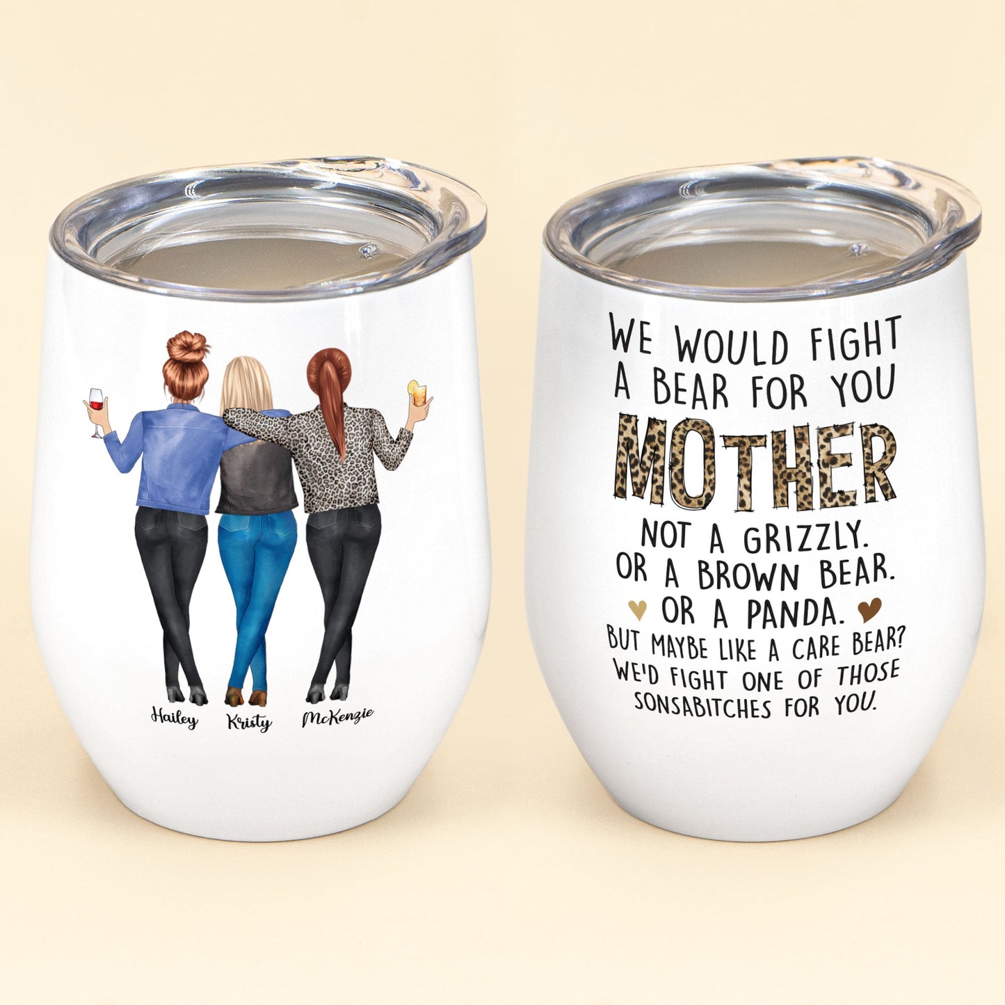 We'd Fight A Bear For You Mom - Personalized Wine Tumbler - Christmas, Birthday Gift For Mom, Mother